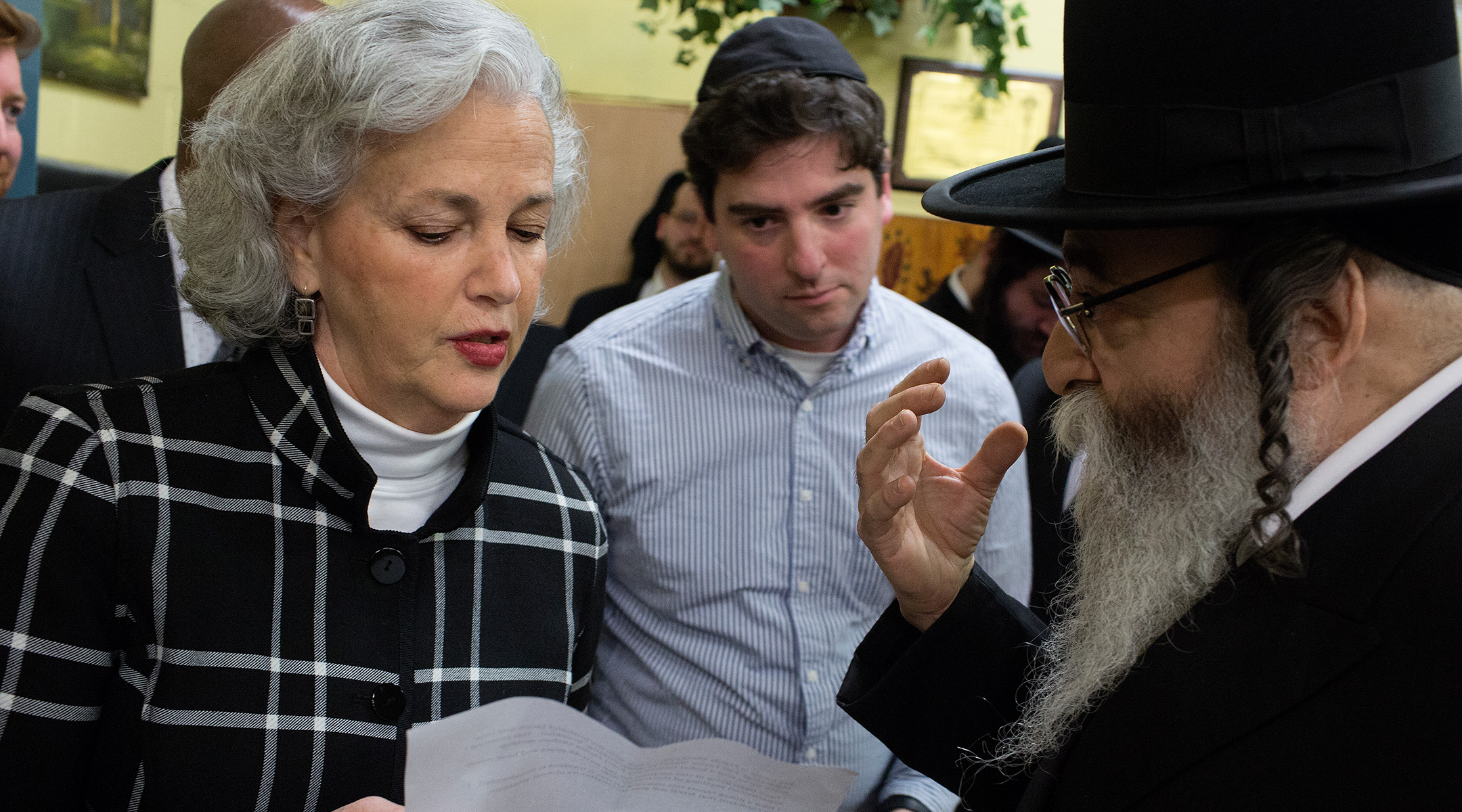 Deborah Lauter, in her role as director of the New York City Office for the Prevention of Hate Crimes, attends a press conference in Williamsburg to denounce a hate crime attack in Jersey City, Dec. 12, 2019. (Photo by Andrew Lichtenstein/Corbis via Getty Images)