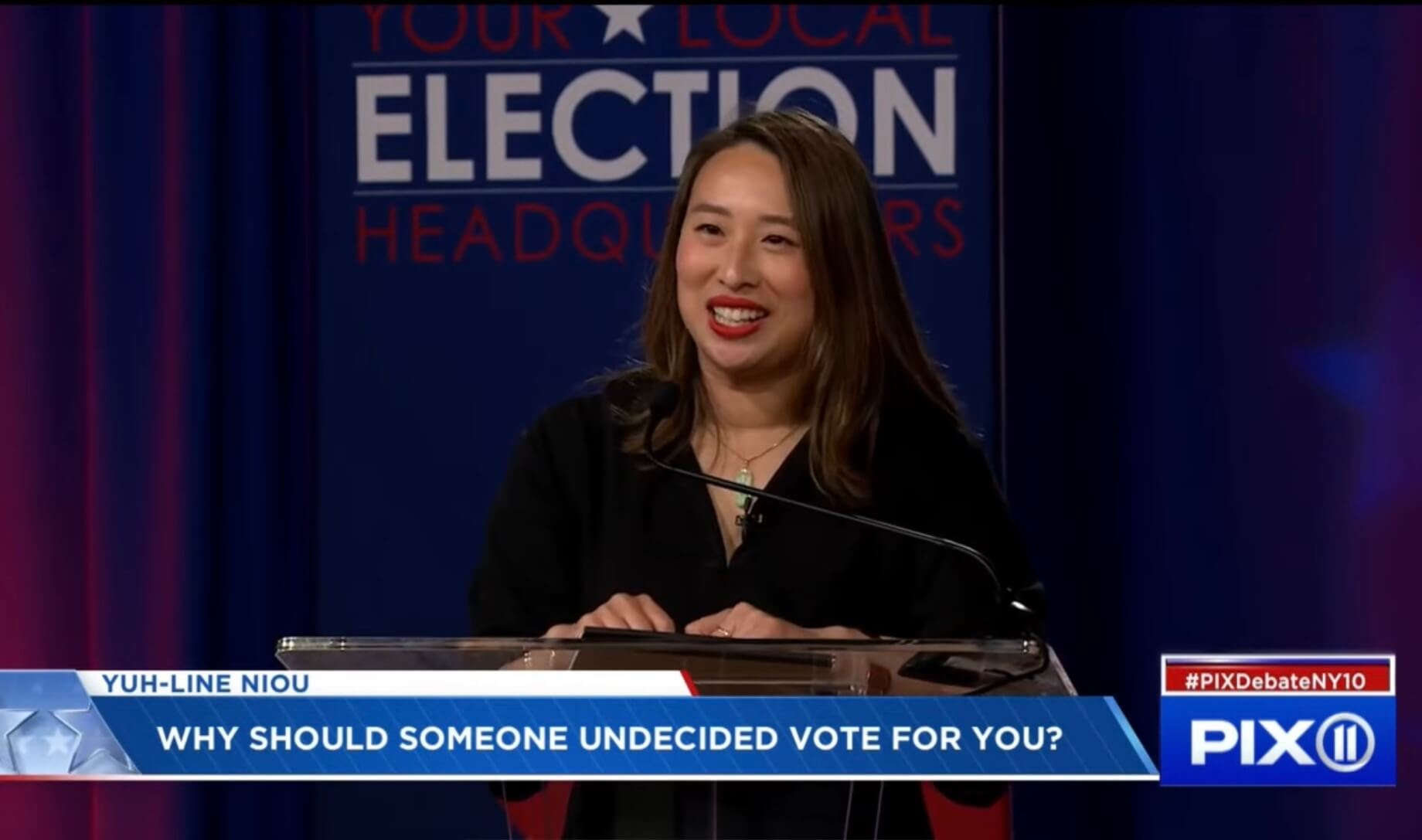 Assemblywoman Yuh-Line Niou, a candidate for New York’s 10th Congressional District, at a PIX11 TV debate on Aug. 17, 2022. 