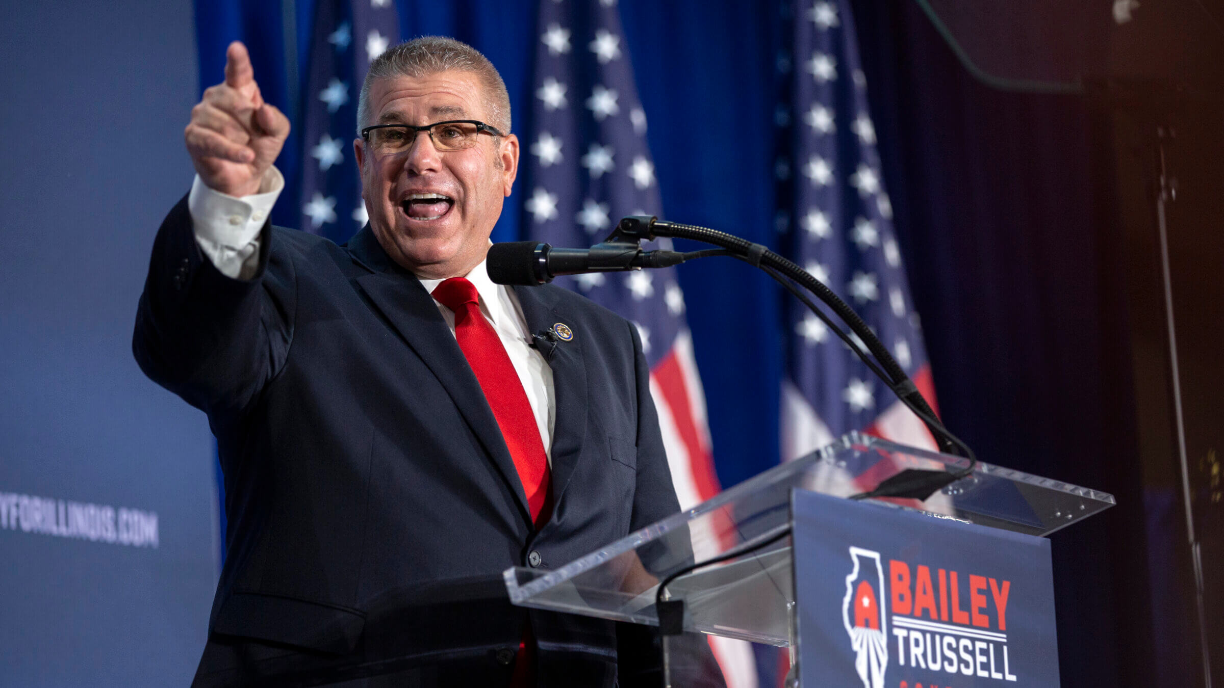 Republican gubernatorial candidate, state Sen. Darren Bailey speaks at an election-night party on June 28, 2022.