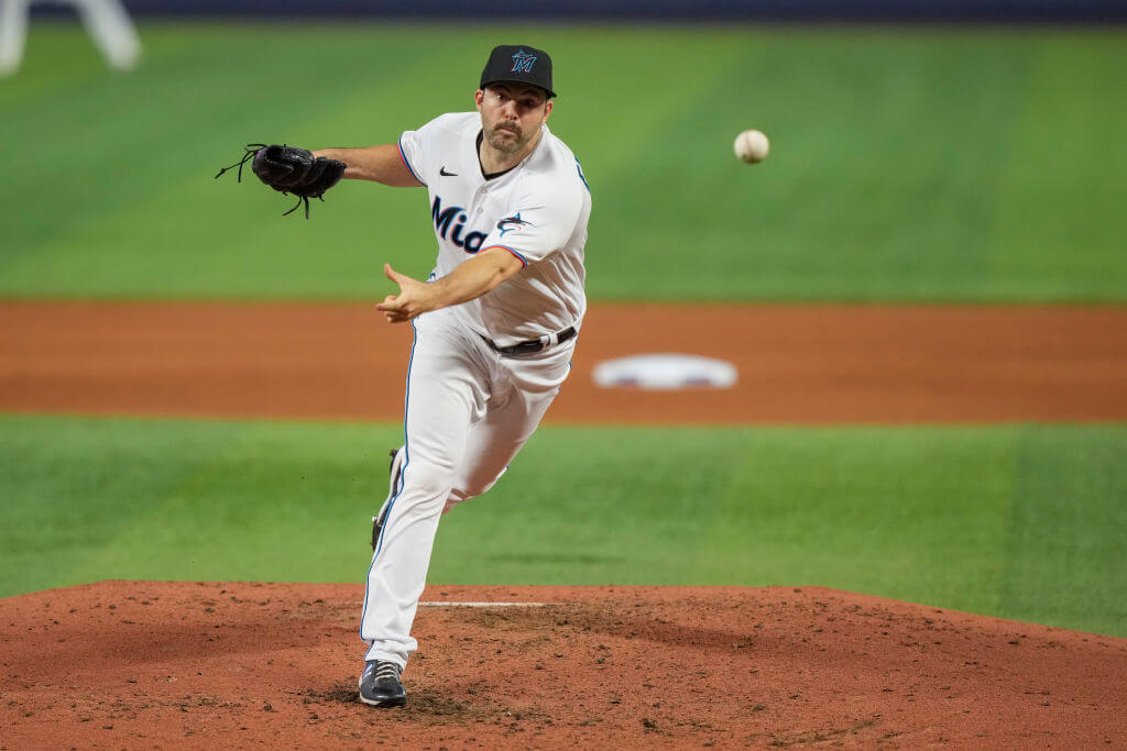 Jake Fishman of the Miami Marlins throws a pitch in his major league debut against the New York Mets.