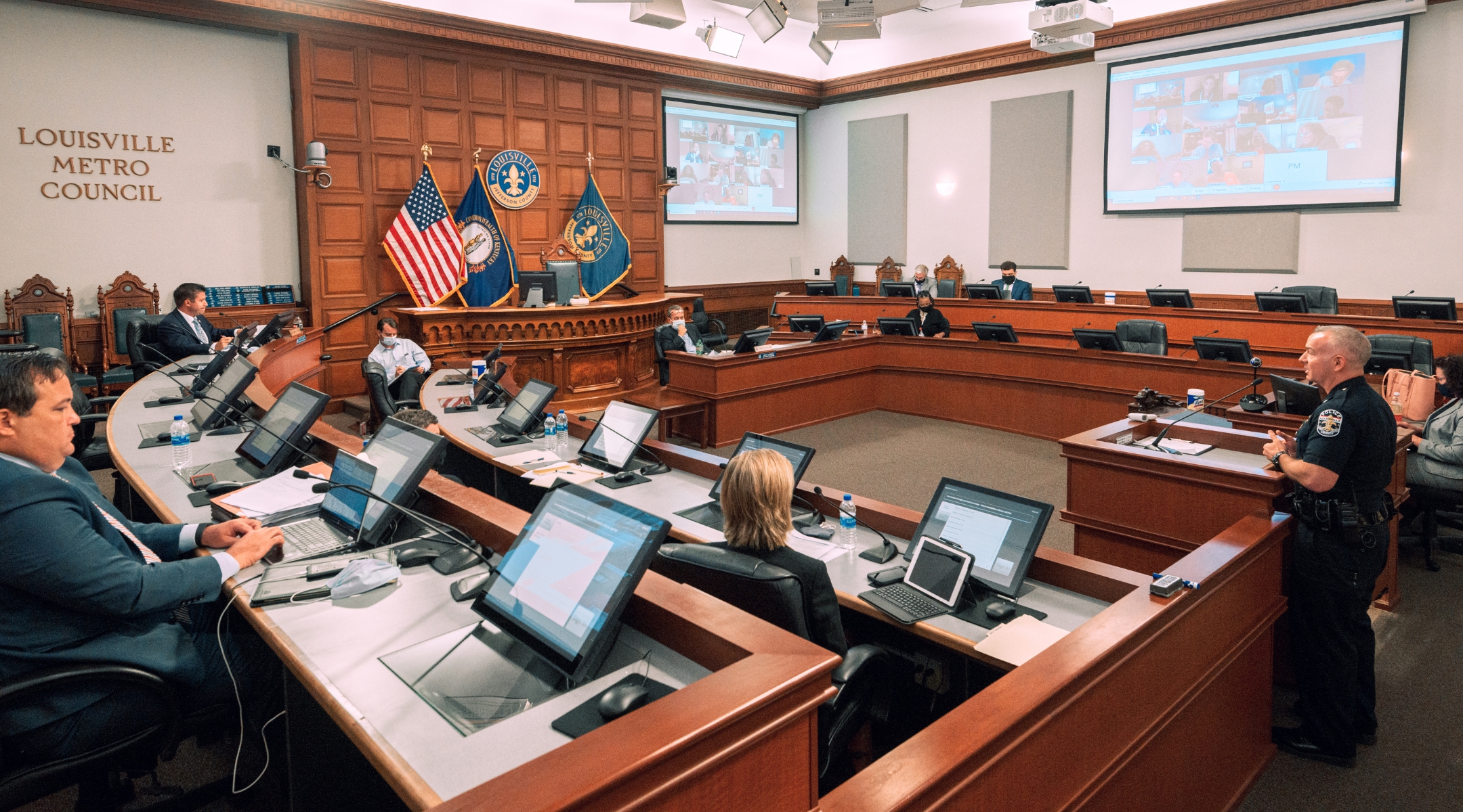 Ret. Lt. Col. Josh Judah, a former police officer in the Louisville Metro Police Department, testifies in a 2020 hearing on how police handled protests and unrest in the response to the killing of Breonna Taylor. (Jon Cherry / Stringer via Getty Images)