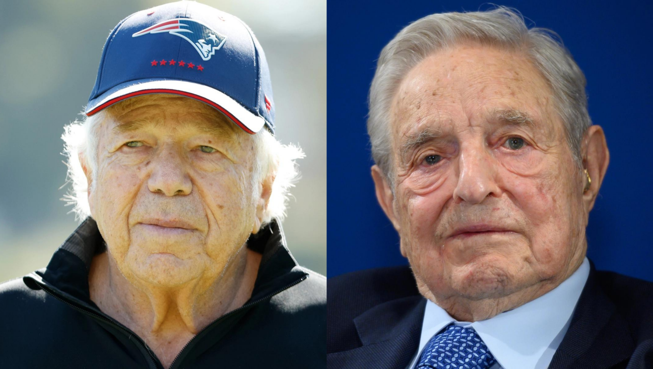 Robert Kraft (L) and George Soros each gave $1 million to pro-Israel PACs in August 2022, according to federal filings. (Cliff Hawkins/Getty Images & Fabrice Coffrini/AFP via Getty Images