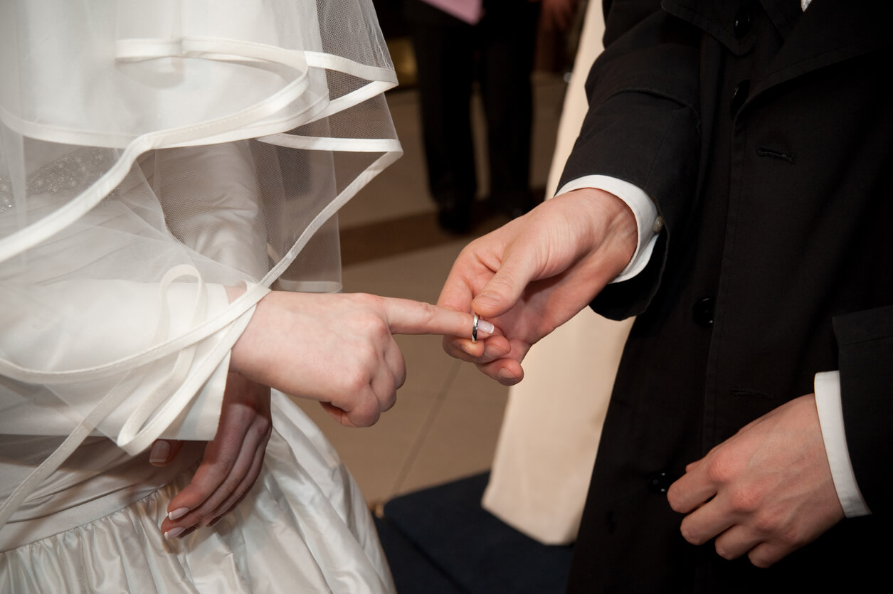 A groom puts a ring on the bride's index finger in an Orthodox Jewish wedding ceremony