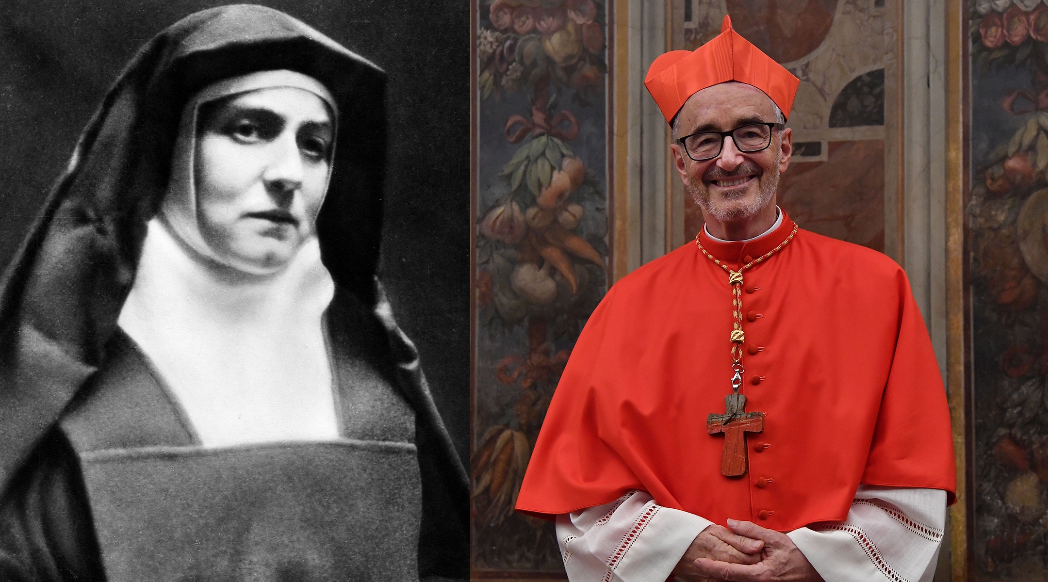 In his visit to Auschwitz Tuesday to commemorate the 80th anniversary of the murder of Saint Teresa Benedicta (born Edith Stein), Cardinal Michael Czerny spoke about his own family’s experience in the Holocaust. (Getty. Design by Mollie Suss)