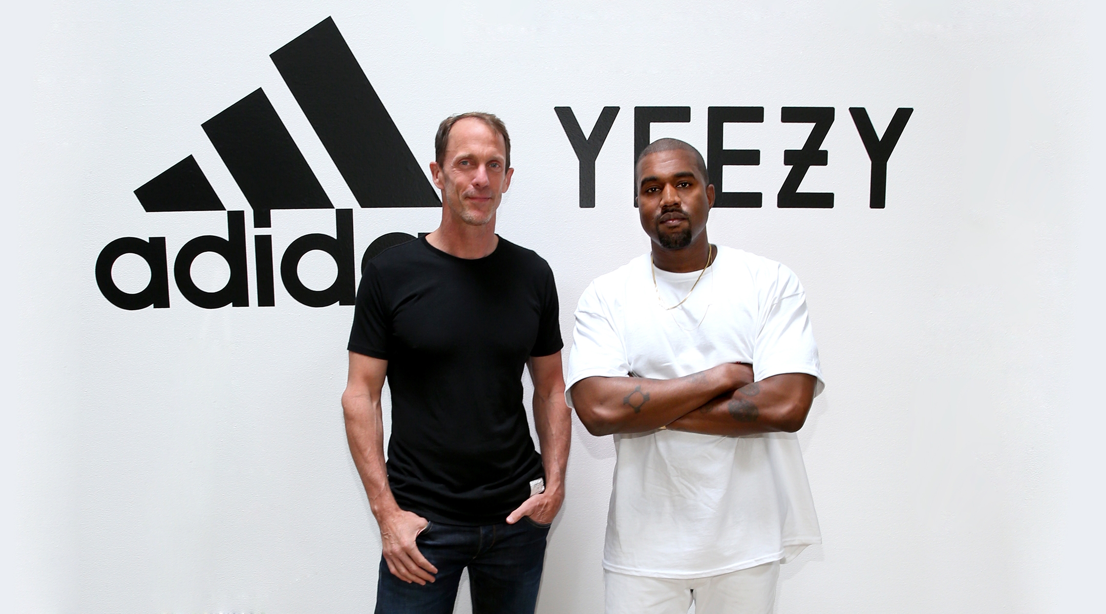 Former Adidas CMO Eric Liedtke, left, and Kanye West, right, at Milk Studios in Hollywood, June 28, 2016.