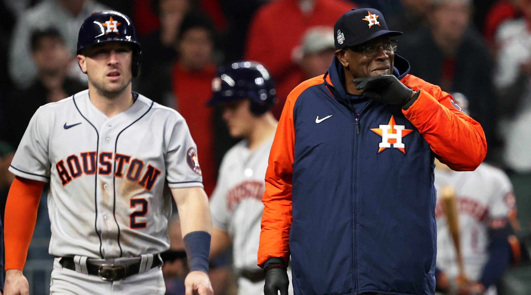 Alex Bregman shown with his manager Dusty Baker during a game against the Philadelphia Phillies at Minute Maid Park in Houston, Oct. 5, 2022. (Tim Warner/Getty Images)