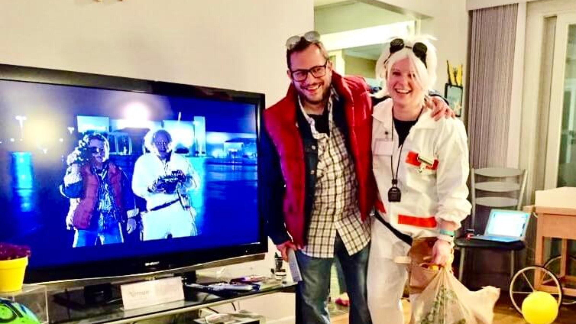 Benyamin and Elizabeth Cohen, in costume as Marty McFly and Doc Brown from 'Back to the Future.'