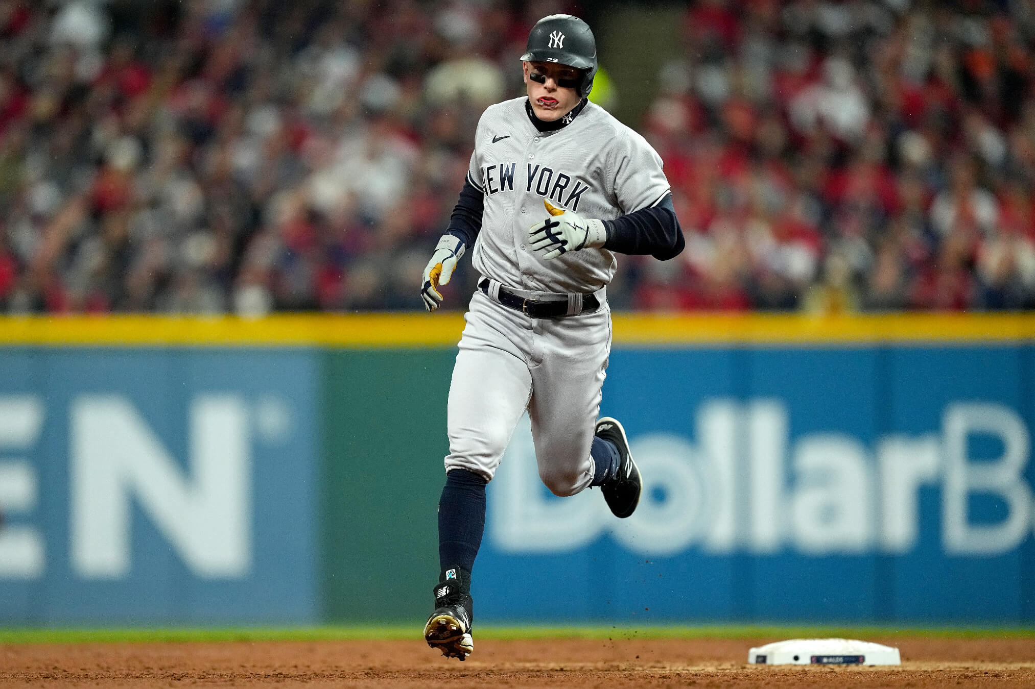 Harrison Bader of the New York Yankees rounds the bases after hitting a two-run home run against the Cleveland Guardians during the second inning in game four of the American League Division Series at Progressive Field on Oct. 16, 2022.