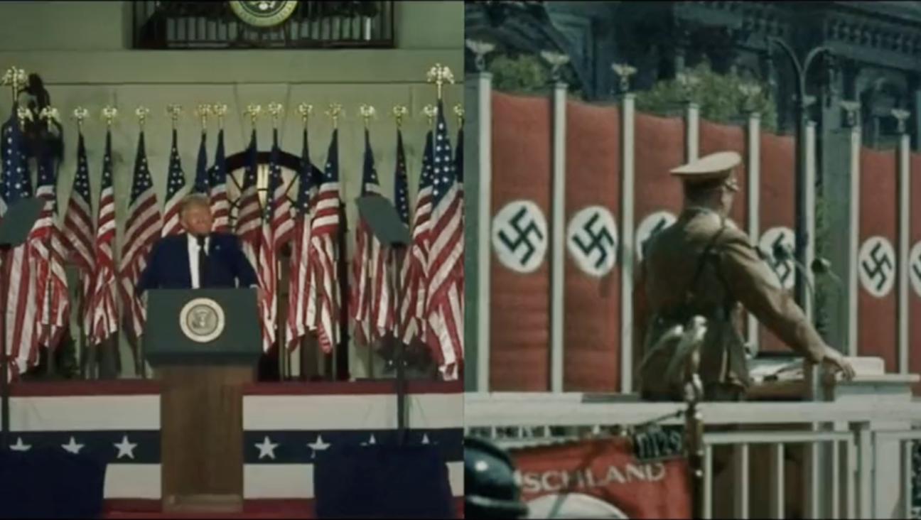 A still from a new advertisement by the Jewish Democratic Council of America juxtaposes Republicans, including President Donald Trump, with images from Nazi Germany.