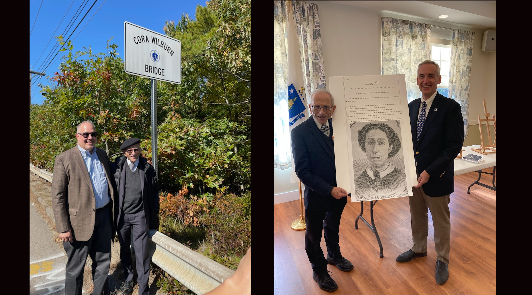 A bridge in Duxbury, Massachusetts, was renamed to honor Cora Wilburn, an American Jewish writer. At left, Brandeis University professor Jonathan Sarna and Jewish Community Relations Council of Greater Boston director Jeremy Burton stand below the sign honoring Wilburn. At right, Sarna and Massachusetts state rep. Josh Cutler stand with a portrait of Wilburn. (Courtesy of Cutler)