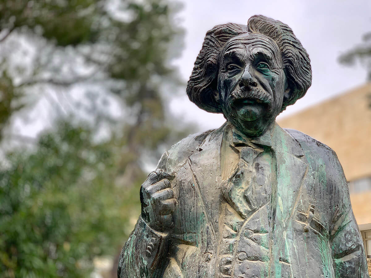 A statue of Albert Einstein on the Jerusalem campus of Hebrew University, a school he helped establish.