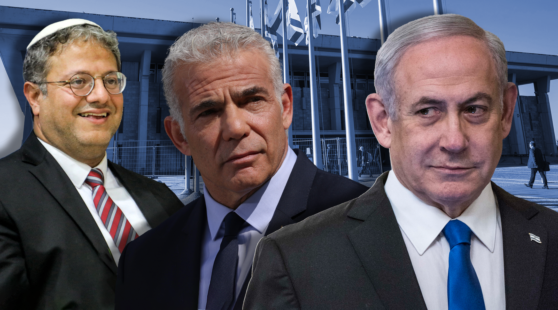 Benjamin Netanyahu, on right, is poised for a comeback with the help of Itamar Ben-Gvir, on left. Current Prime Minister Yair Lapid, center, is his main rival.