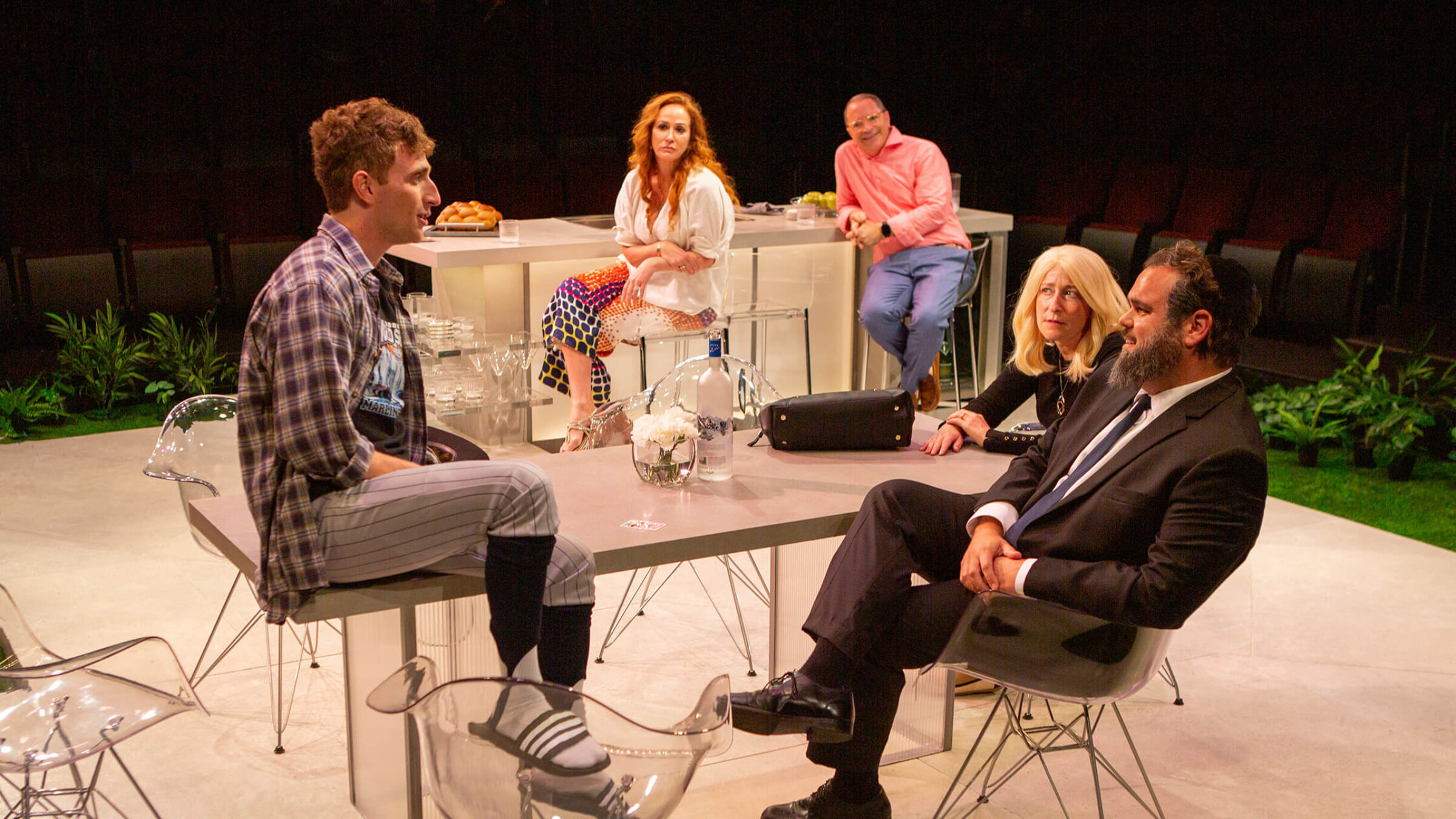 (from left) Nathan Salstone as Trevor, Rebecca Creskoff as Debbie, Joshua Malina as Phil, Sophie von Haselberg as Lauren, and Greg Hildreth as Mark in "What We Talk About When We Talk About Anne Frank." 