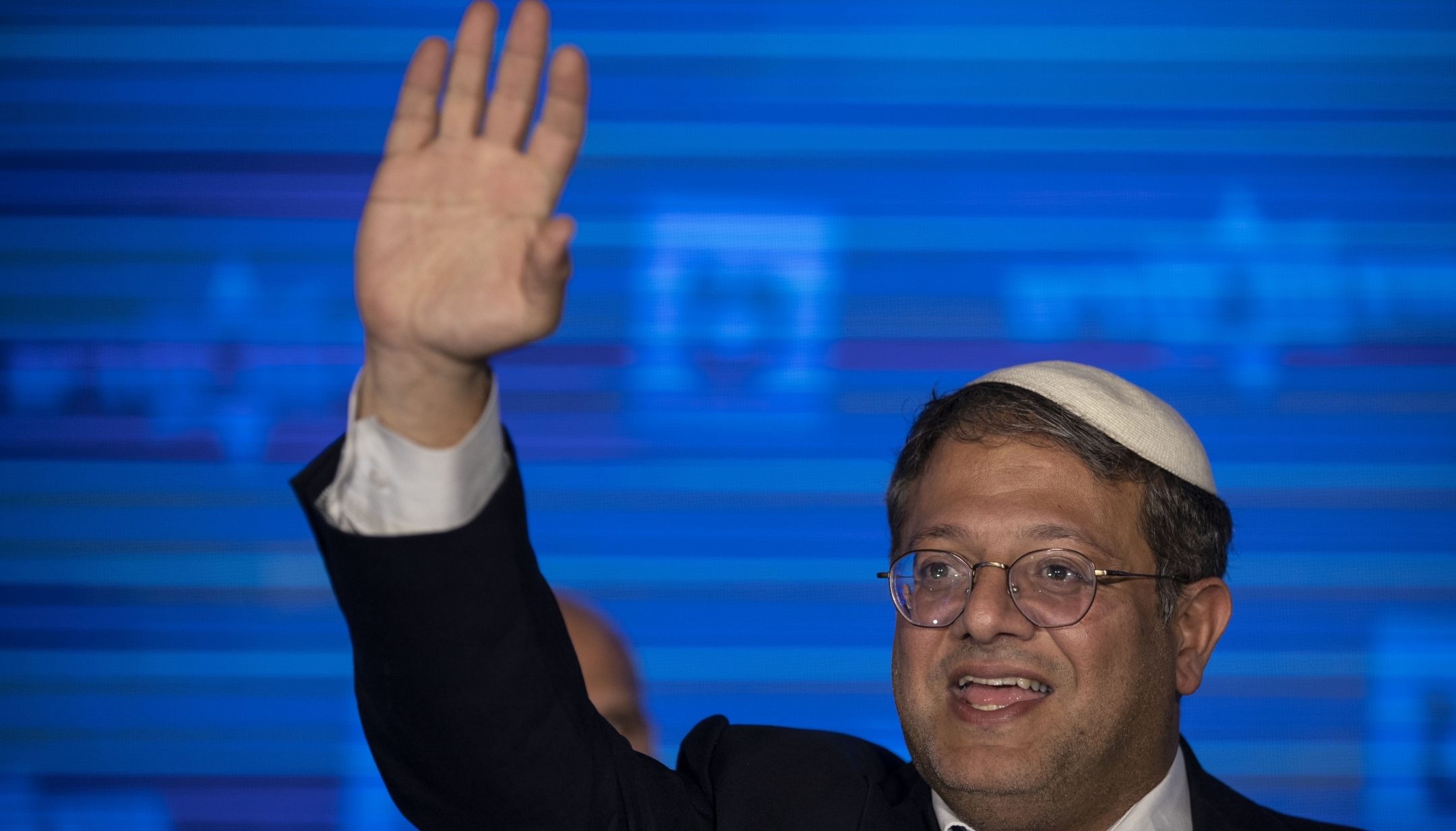 Leader of Israel’s Otzma Yehudit (Jewish Power) far-right party Itamar Ben Gvir makes a speech following the Israelâs general elections in eastern Jerusalem, Nov. 02, 2022. (Mostafa Alkharouf/Anadolu Agency via Getty Images)