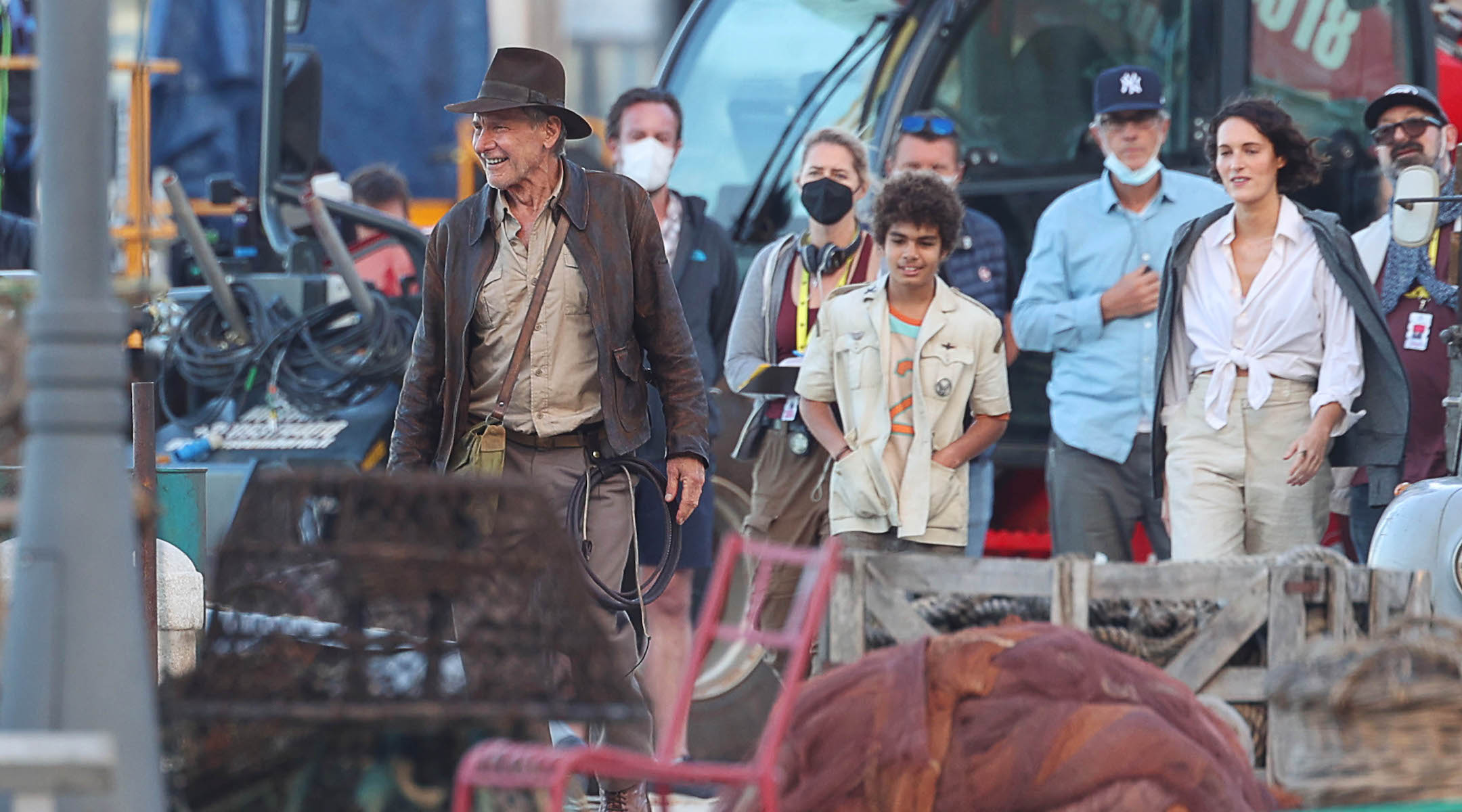 Harrison Ford and Phoebe Waller-Bridge are seen on the set of “Indiana Jones 5” in Sicily on October 18, 2021 in Castellammare del Golfo, Italy. (Photo by Robino Salvatore/GC Images via Getty Images)