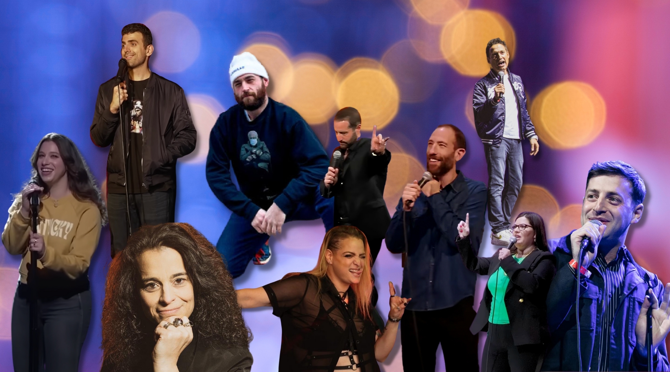 As antisemitism spends months in the pop culture spotlight, Jewish comedians tackle the hate onstage and on social media. (Various screenshots via YouTube; Photos courtesy; Design by Jackie Hajdenberg)