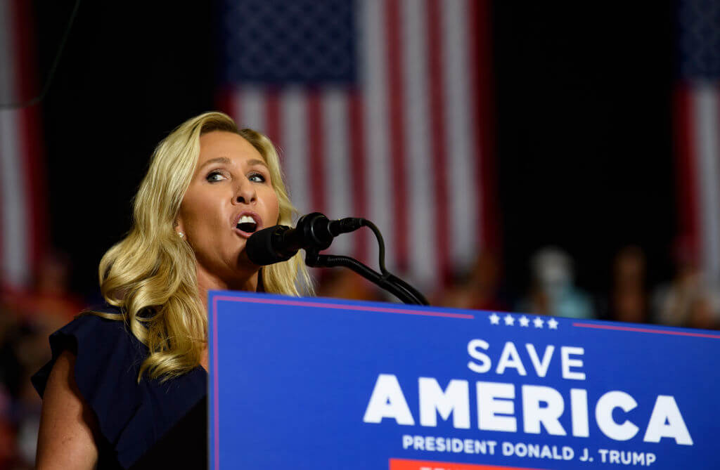 Rep. Marjorie Taylor Greene (R-Ga.) at a Donald Trump rally on Sept. 17, 2022.