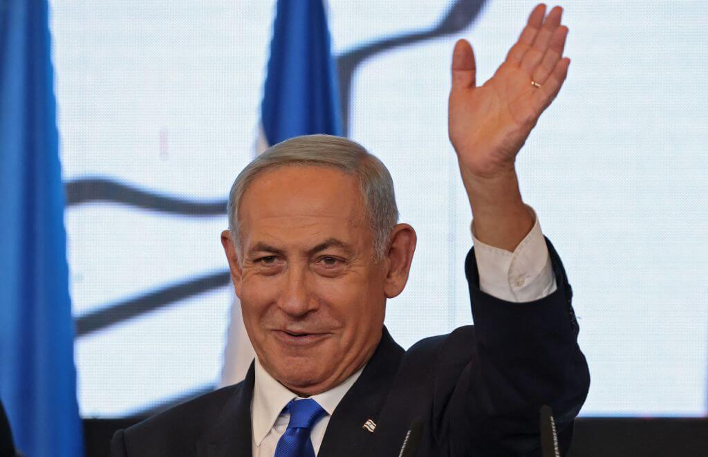 Israel's ex-premier and leader of the Likud party Benjamin Netanyahu addresses supporters on Nov. 2, 2022.