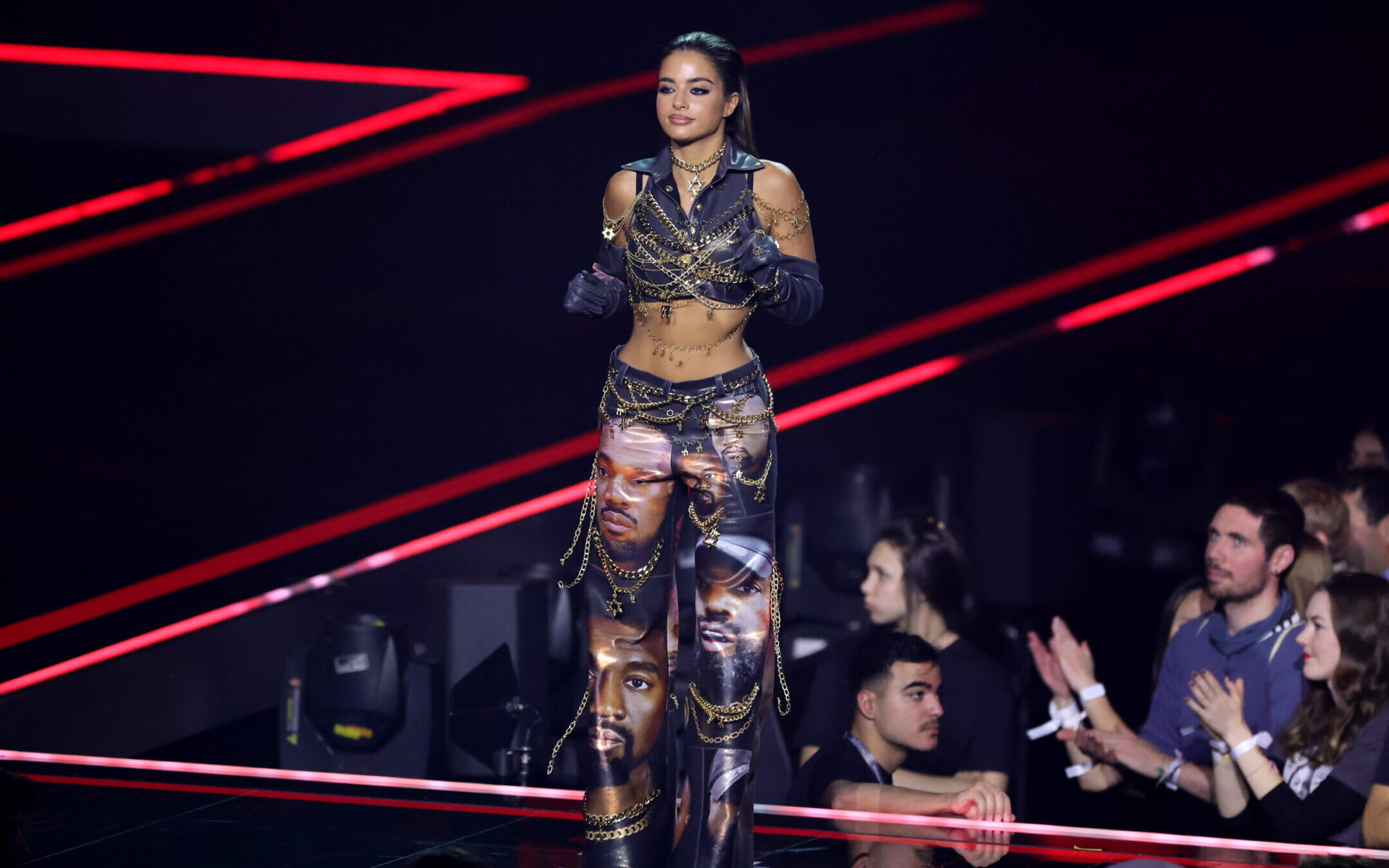 Israeli singer Noa Kirel wears a Kanye West-printed outfit on stage during the MTV Europe Music Awards 2022 in Dusseldorf, Germany, Nov. 13, 2022. (Andreas Rentz/Getty Images for MTV)