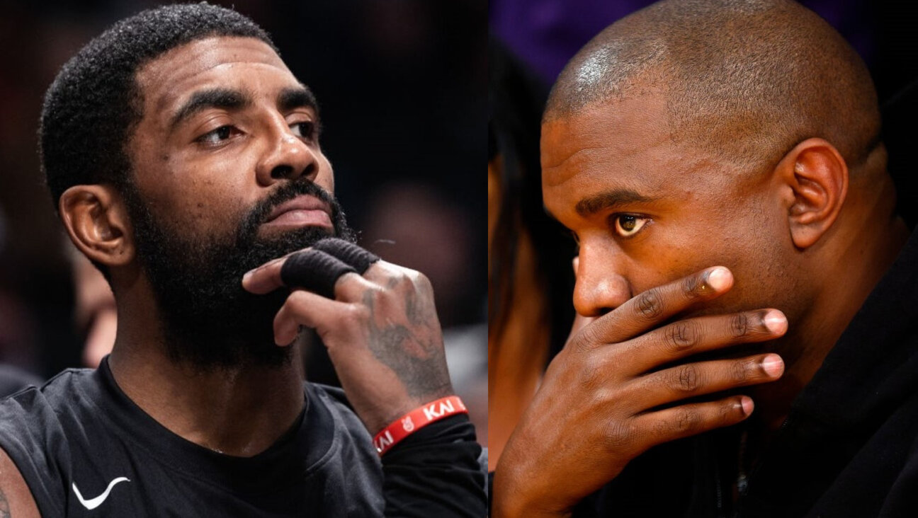 Left: Kyrie Irving looks on from the bench during a game against the Indiana Pacers at the Barclays Center in Brooklyn, Oct. 31, 2022, and Kanye West, now known as Ye, attends a game in March 2022 between the Washington Wizards and home team Los Angeles Lakers. 