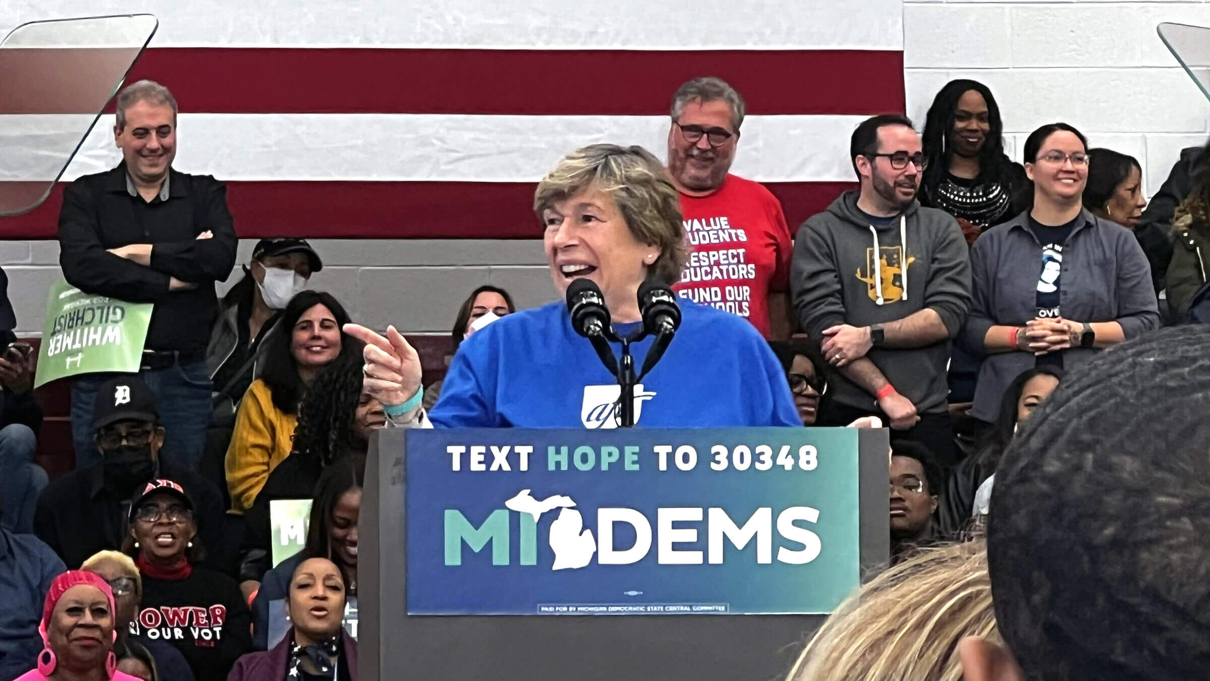 Weingarten in Detroit on Oct. 29, on the AFT Votes bus tour.