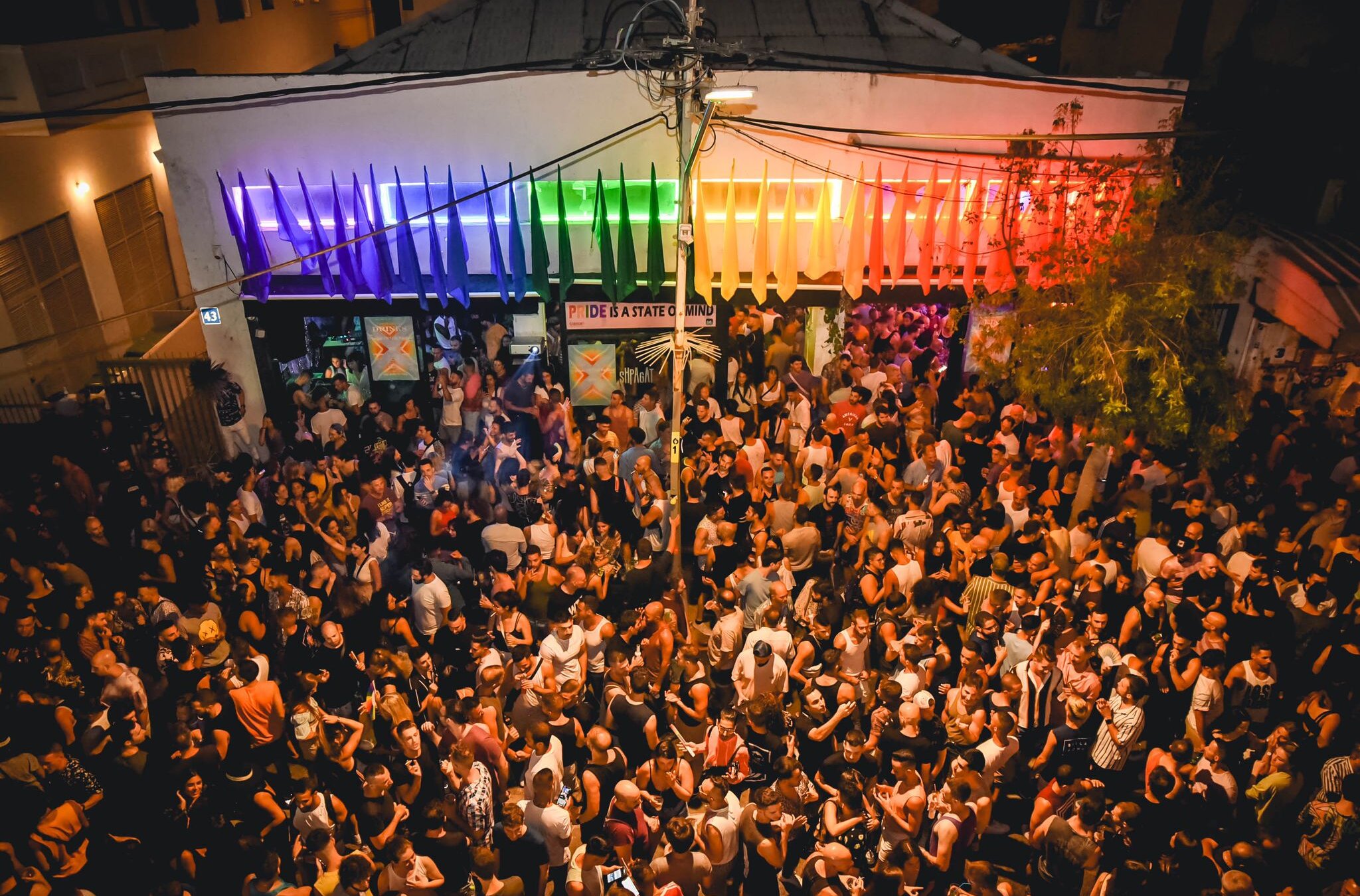 A crowd of revelers outside Shpagat, a gay club in Tel Aviv, during Pride celebrations. (Courtesy of Shpagat)