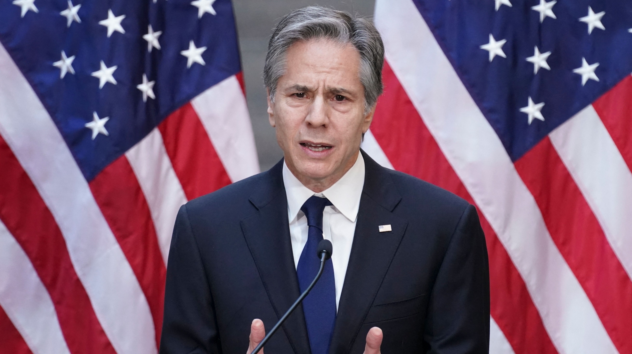 Secretary of State Antony Blinken speaks at the United States Holocaust Memorial Museum in Washington, D.C., March 21, 2022. (Kevin LaMarque/Pool/AFP via Getty Images)