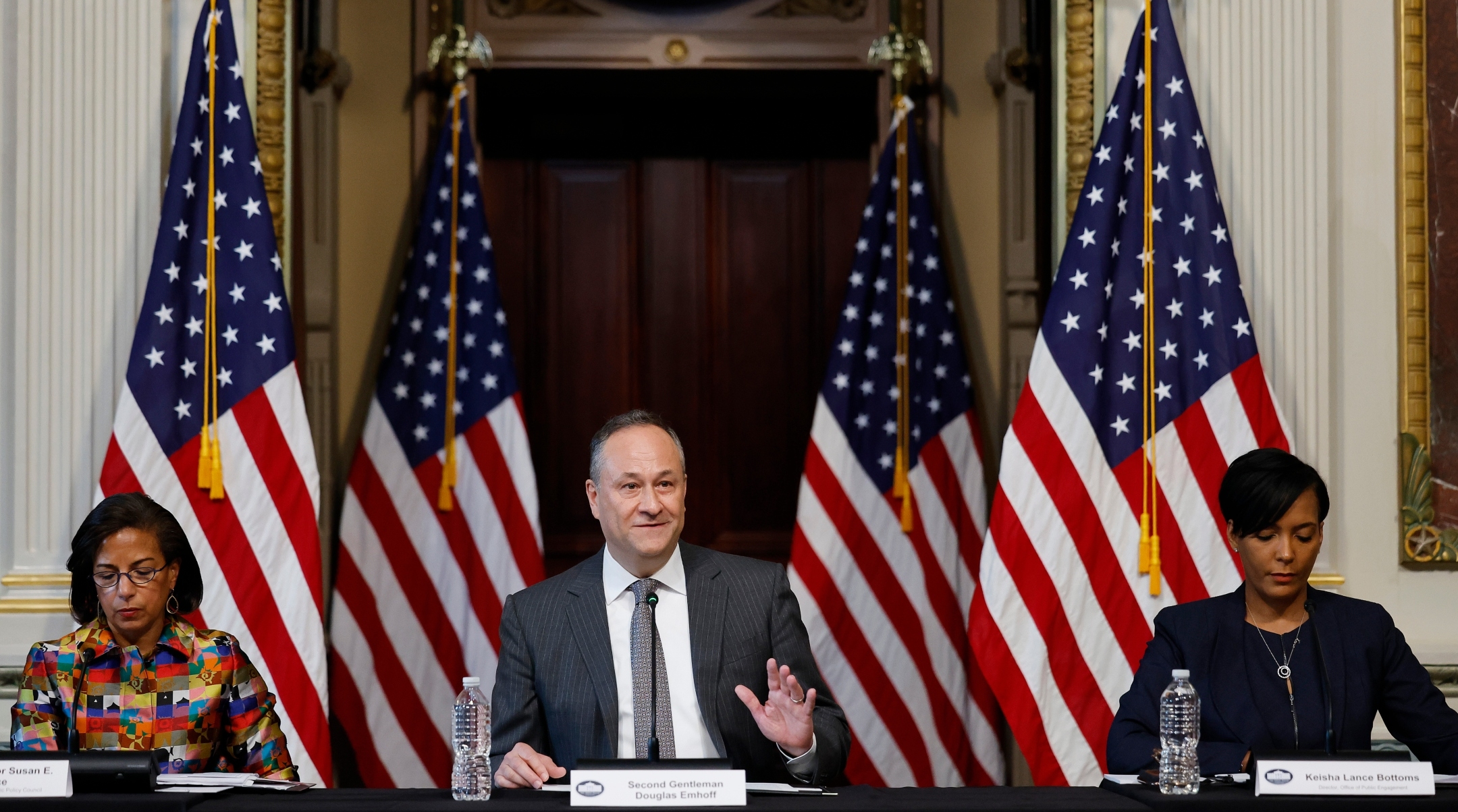 Second gentleman Douglas Emhoff, center, husband of Vice President Kamala Harris, delivers remarks during a roundtable about the rise of antisemitism with White House Domestic Policy Advisor Susan Rice, left, and Senior Advisor to the President for Public Engagement Keisha Lance Bottoms in the Indian Treaty Room at the Eisenhower Executive Office Building in Washington, Dec. 7, 2022. (Chip Somodevilla/Getty Images)