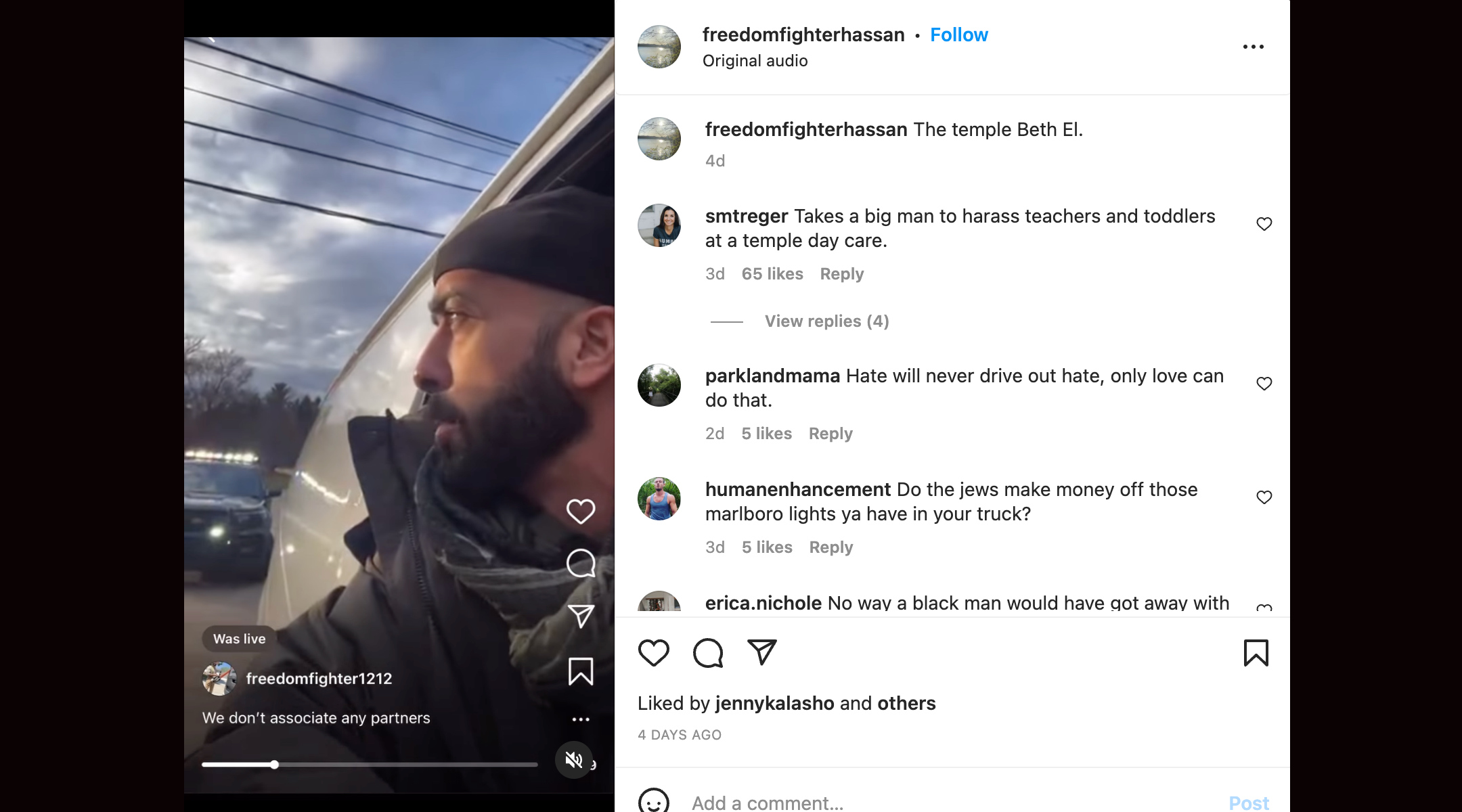 Hassan Chokr filmed the traffic stop where police questioned and released him after he left Temple Beth El in Bloomfield Hills, Michigan, where congregants alleged that he threatened them. (Screenshot from Instagram)