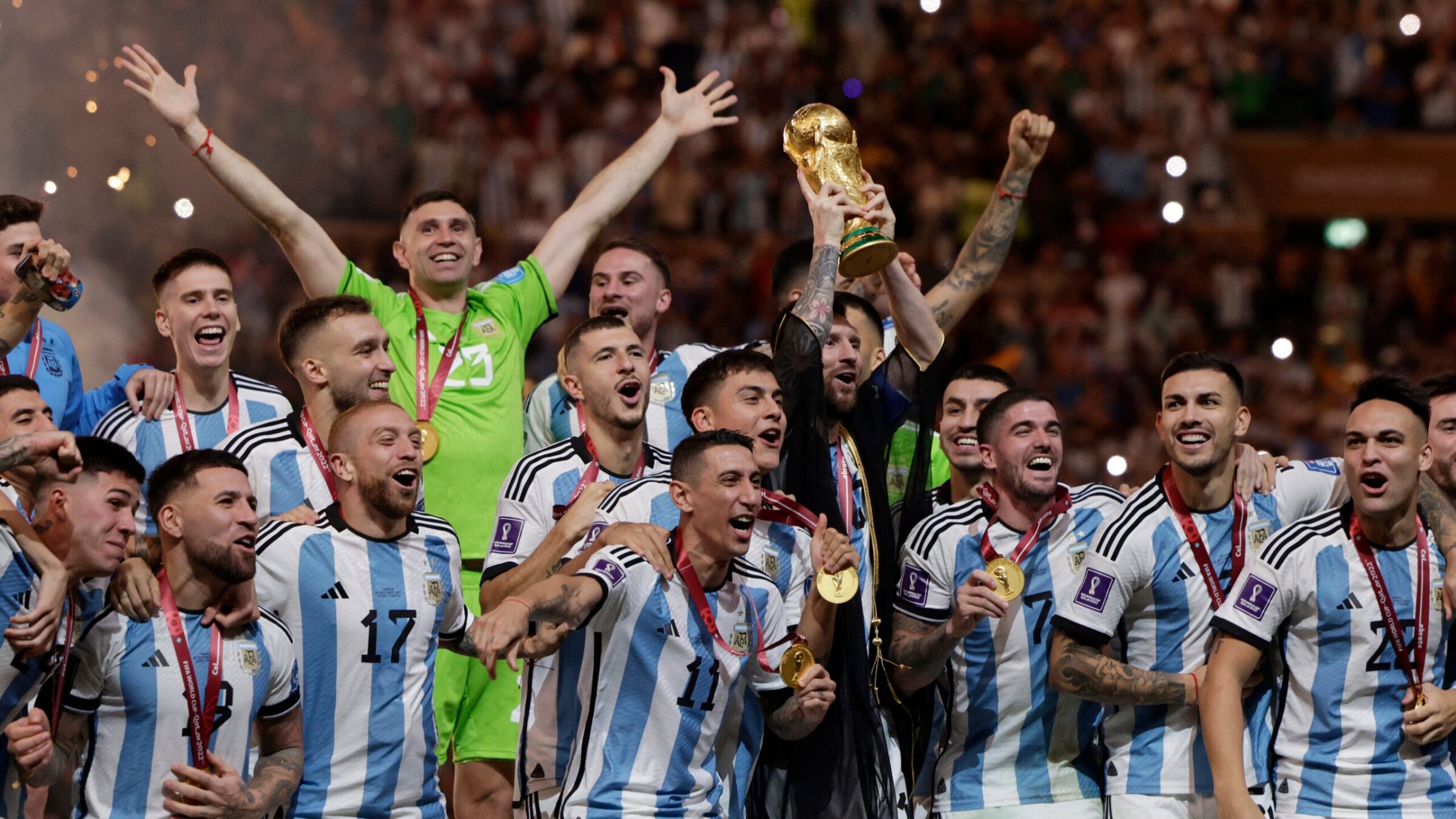 Lionel Messi of Argentina and team celebrate after winning the FIFA World Cup Qatar 2022 Final match between Argentina and France in Qatar, Dec. 18, 2022. (Richard Sellers/Getty Images)