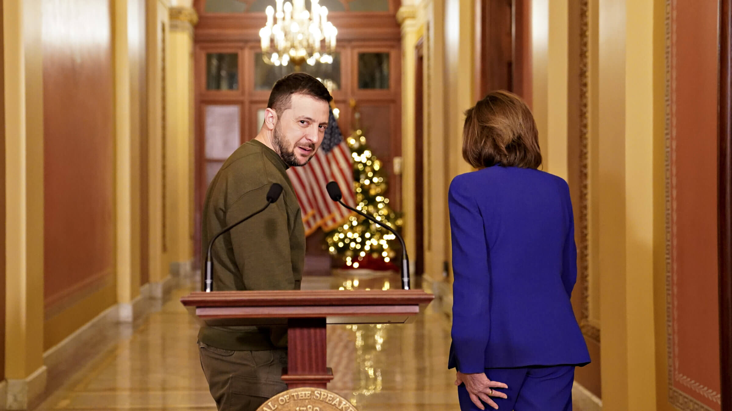 Ukrainian President Volodymyr Zelenskyy and US House Speaker Nancy Pelosi exit after speaking at the US Capitol in Washington, DC, US, on Wednesday, Dec. 21, 2022