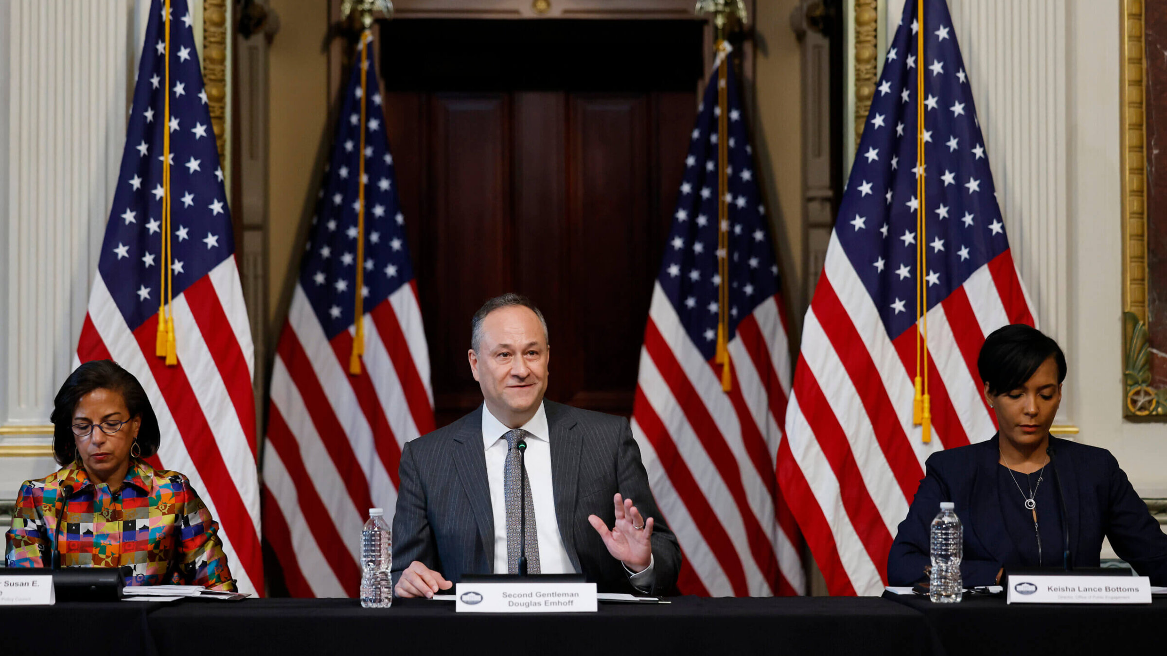 Second gentleman Douglas Emhoff delivers remarks during a roundtable about the rise of antisemitism. The organizations invited, including a student group called Jewish on Campus, were largely aligned in how to define the prejudice.