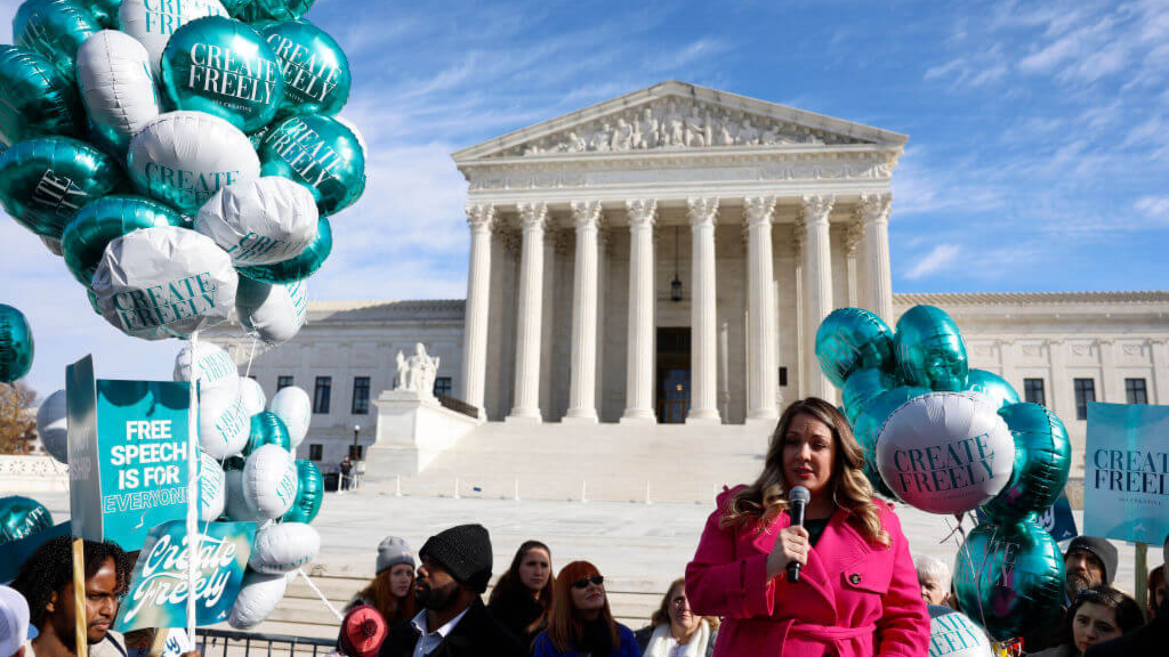 Lorie Smith, the owner of 303 Creative, a website design company in Colorado, speaks with supporters outside of the U.S. Supreme Court Building on December 05, 2022 in Washington, DC. 