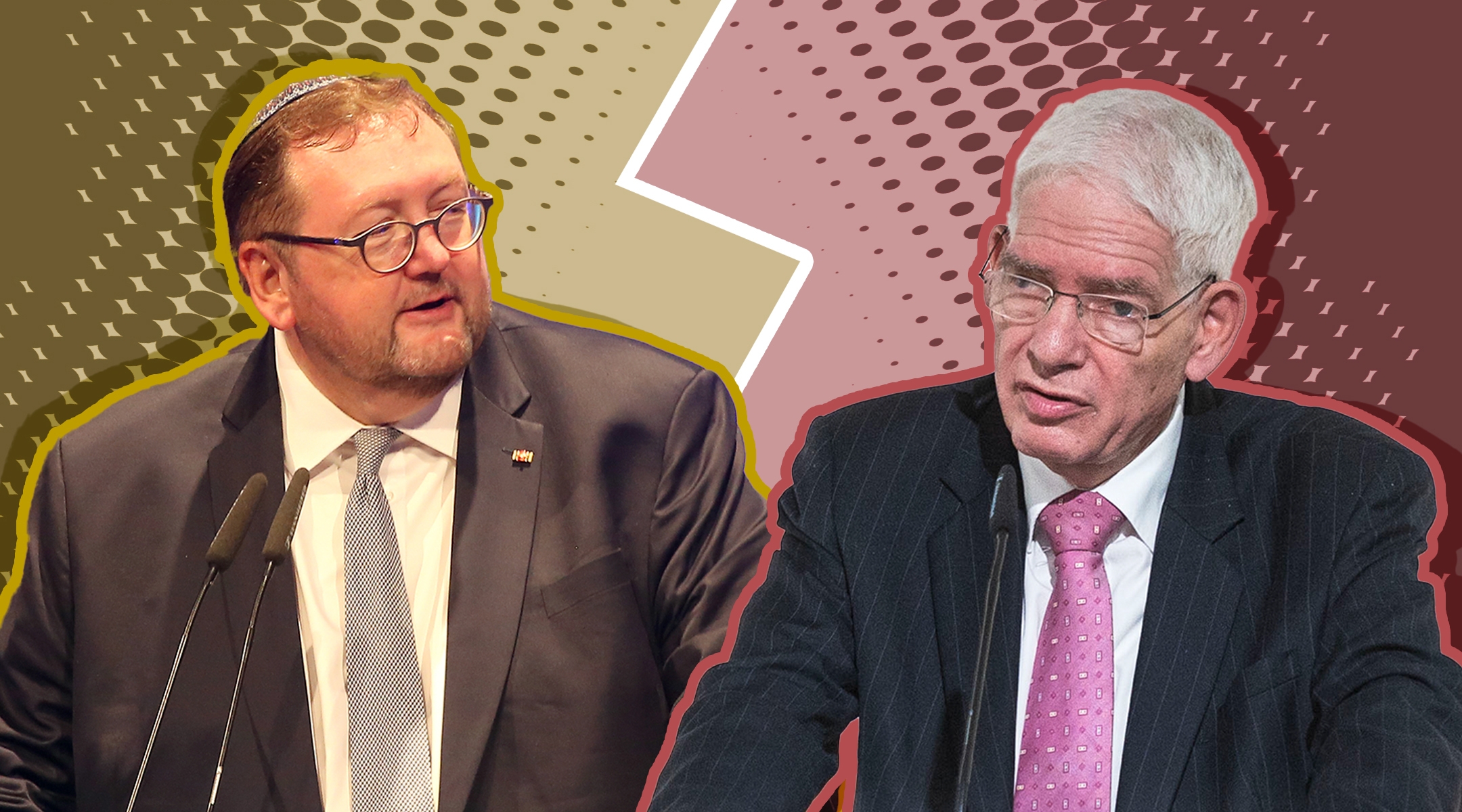 Rabbi Walter Homolka, left, and Josef Schuster, head of the Central Council of Jews in Germany, are on opposite sides of a deepening fight within Germany’s Jewish infrastructure. (Collage by Mollie Suss)