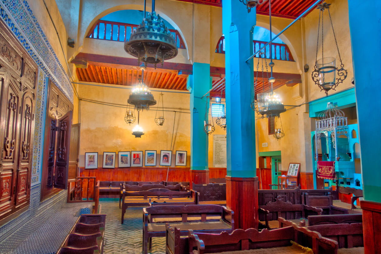 View of the interior of the Ibn Danan synagogue (Aben Danan synagogue) in the Jewish quarter of the Medina (old city) of Fez (Fes) in Morocco.