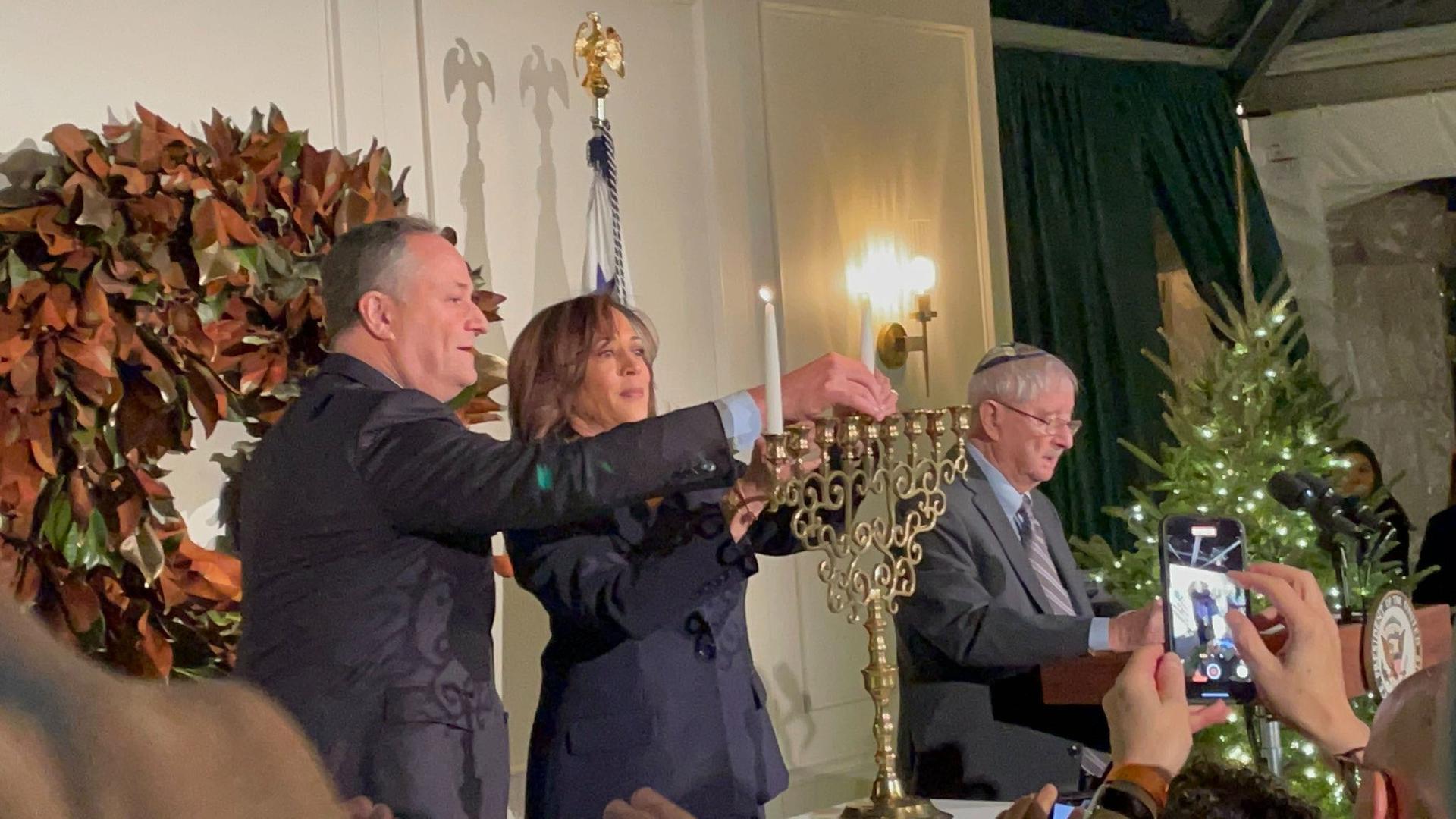 Vice President Kamala Harris and Second Gentleman Doug Emhoff hosted a Hanukkah reception at their official residence. The menorah they used was made in Eastern Europe around the late 19th century. (Jacob Kornbluh)