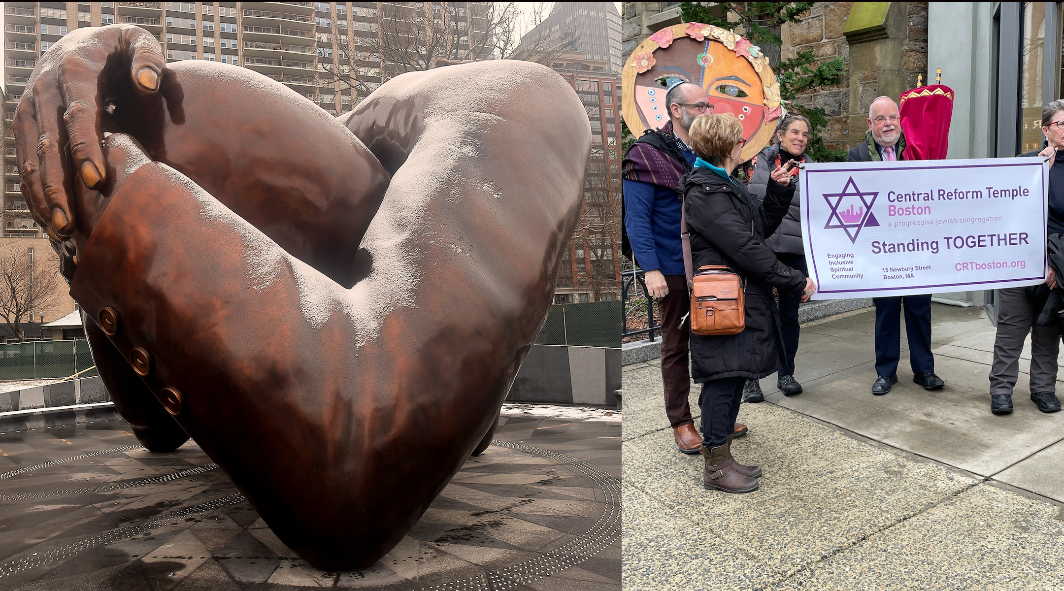 At left: Embrace, the Dr. Martin Luther King Jr. memorial sculpture at Boston Common. (Lane Turner/The Boston Globe via Getty Images) At right: Rabbi Michael Shire of Central Reform Temple holds the congregation’s Torah scroll before a march to the Embrace, Jan. 13, 2023. (Penny Schwartz)