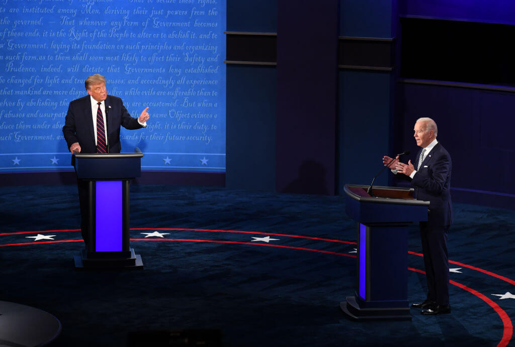 Joe Biden and Donald Trump speak during the first U.S. presidential debate on Sept. 29, 2020. 