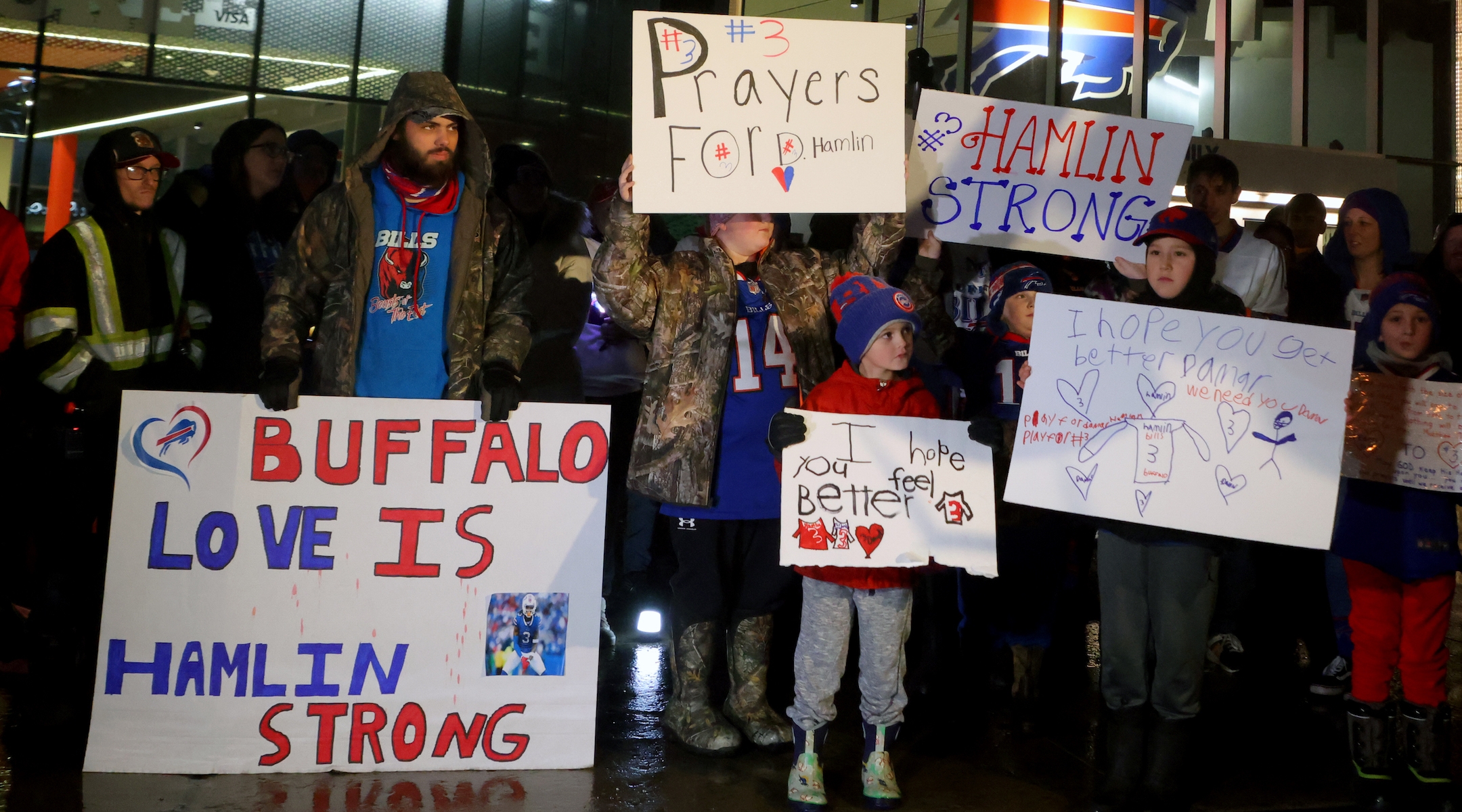 Buffalo Bills fans attend a candlelight prayer vigil for player Damar Hamlin at Highmark Stadium in Orchard Park, N.Y., Jan. 3, 2023. (Timothy T Ludwig/Getty Images)