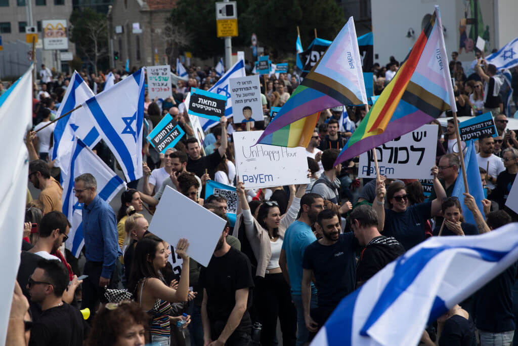 Tech industry workers demonstrate on Jan. 24, 2023, in Tel Aviv, one of a number of rallies held in Israel to protest the government's judicial reform plan.