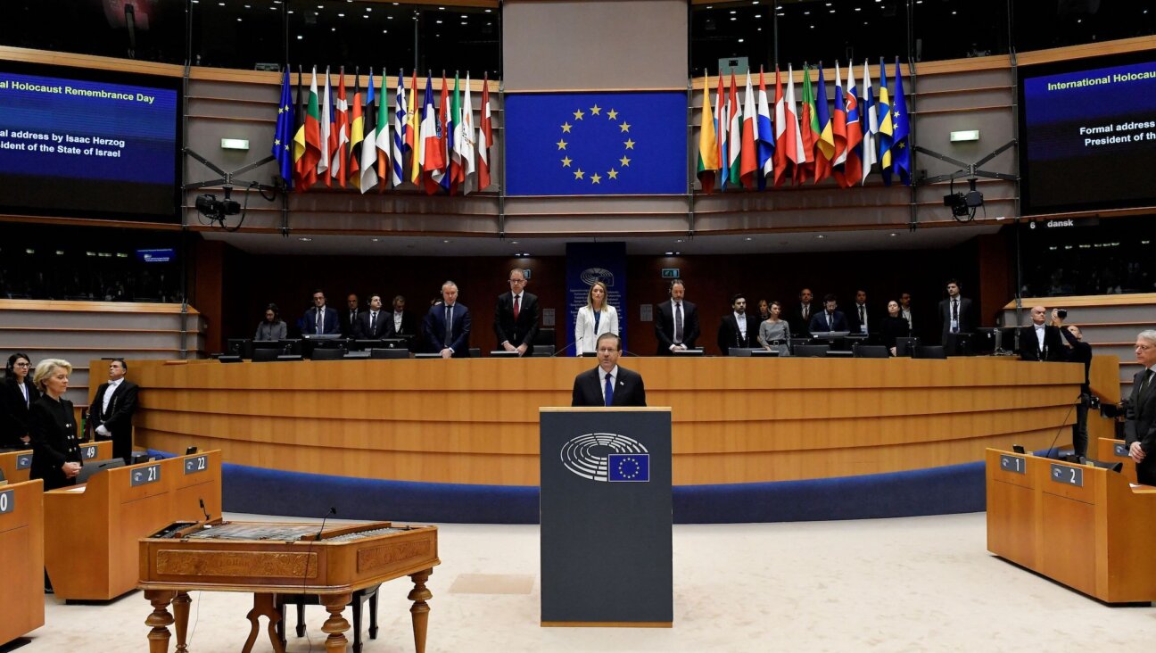 Israeli President Isaac Herzog gives a speech on the commemoration of the International Holocaust Remembrance Day at the European Parliament in Brussels, Jan. 26, 2023. (John Thys/AFP via Getty Images)