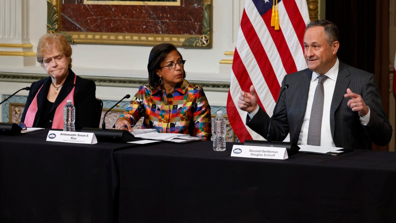 Second gentleman Douglas Emhoff (R), delivers remarks during a roundtable about the rise of antisemitism with Special Envoy to Monitor and Combat Antisemitism Deborah Lipstadt (L) in Washington, D.C., Dec. 7, 2022. White House Domestic Policy Advisor Susan Rice sits between them. (Chip Somodevilla/Getty Images)