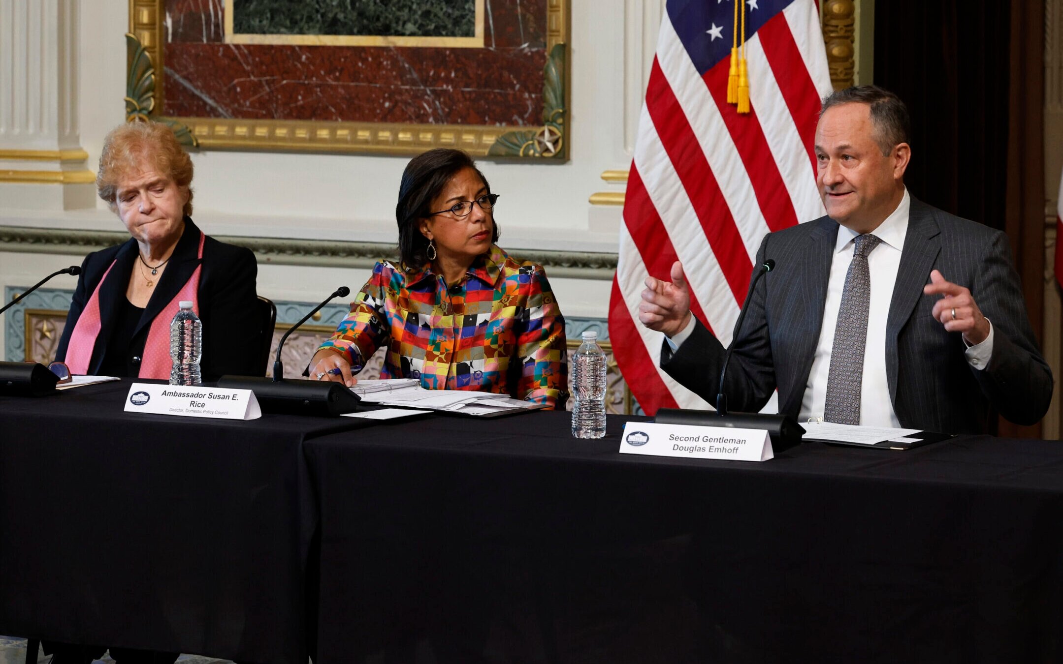 Second gentleman Douglas Emhoff (R), delivers remarks during a roundtable about the rise of antisemitism with Special Envoy to Monitor and Combat Antisemitism Deborah Lipstadt (L) in Washington, D.C., Dec. 7, 2022. White House Domestic Policy Advisor Susan Rice sits between them. (Chip Somodevilla/Getty Images)