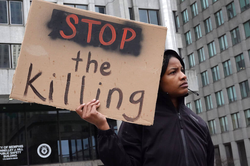 A demonstrator in Memphis on Jan. 28, 2023, protesting the death of Tyre Nichols.