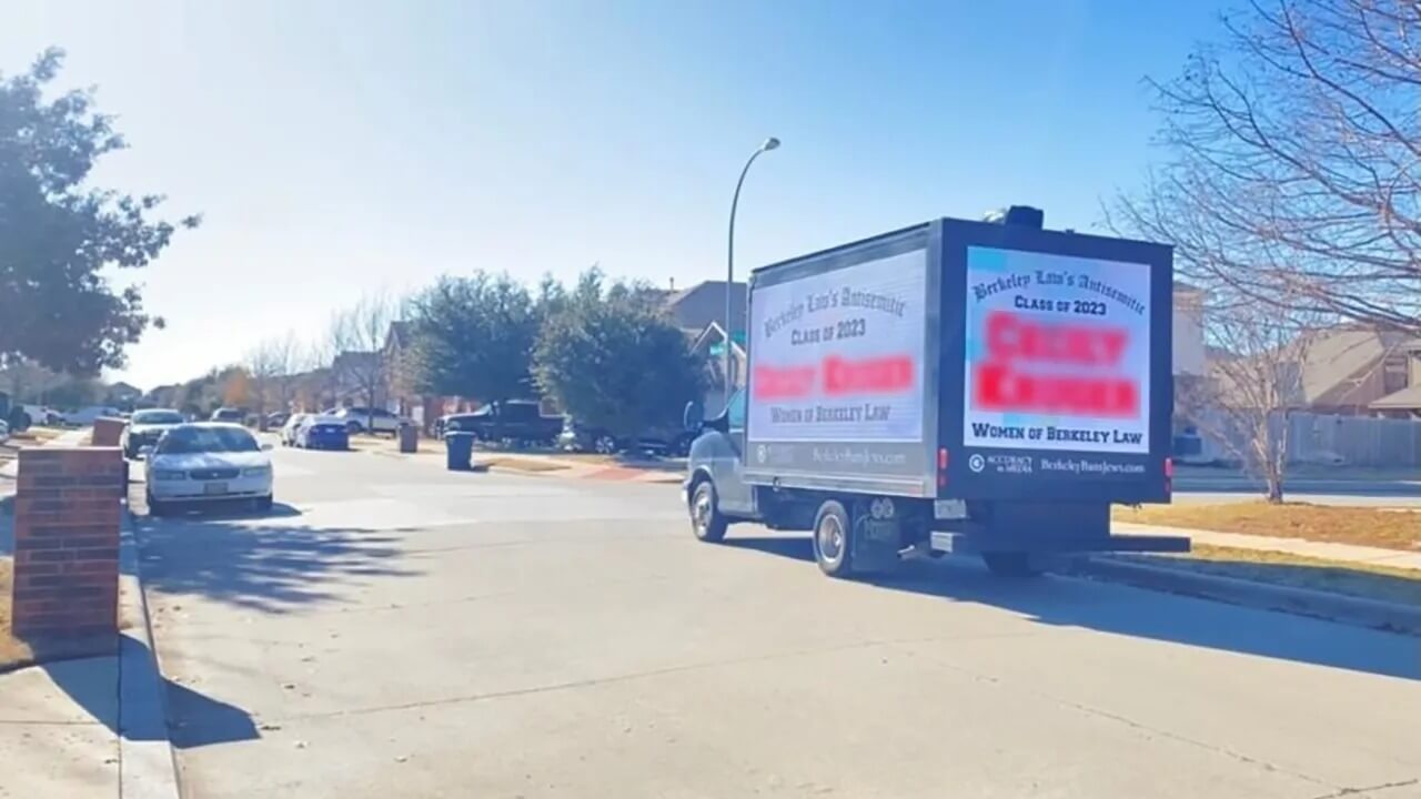 The Accuracy in Media truck parked in front of the family home of a Berkeley Law student.