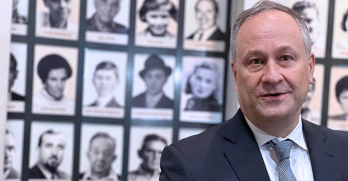 Second Gentleman Doug Emhoff at the factory in Krakow, Poland, where Oskar Schindler saved 1,200 Jews during the Holocaust