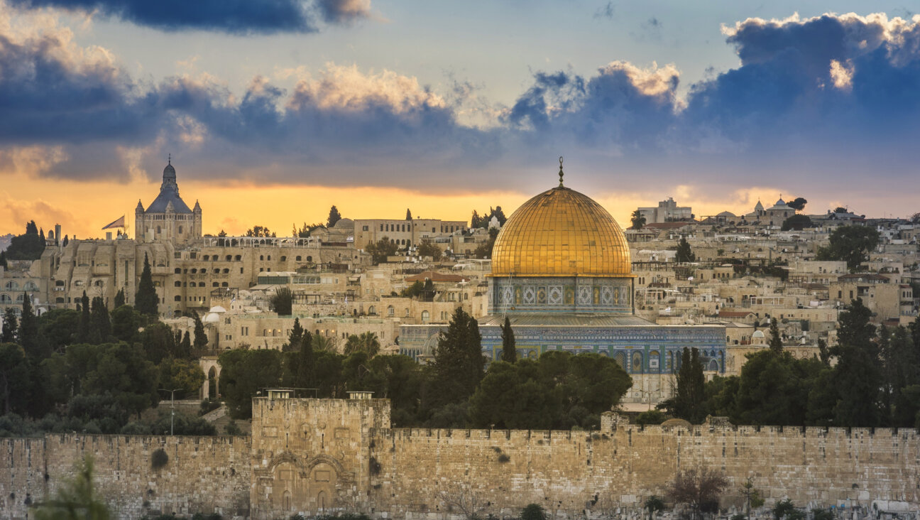 Jerusalem Temple Mount and Mount Zion at sunset seen from Mount of Olives.