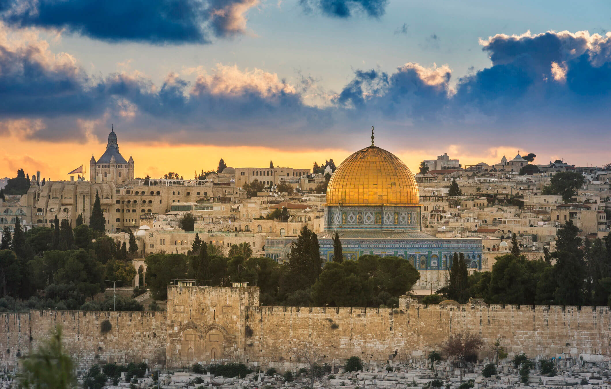 Jerusalem Temple Mount and Mount Zion at sunset seen from Mount of Olives.