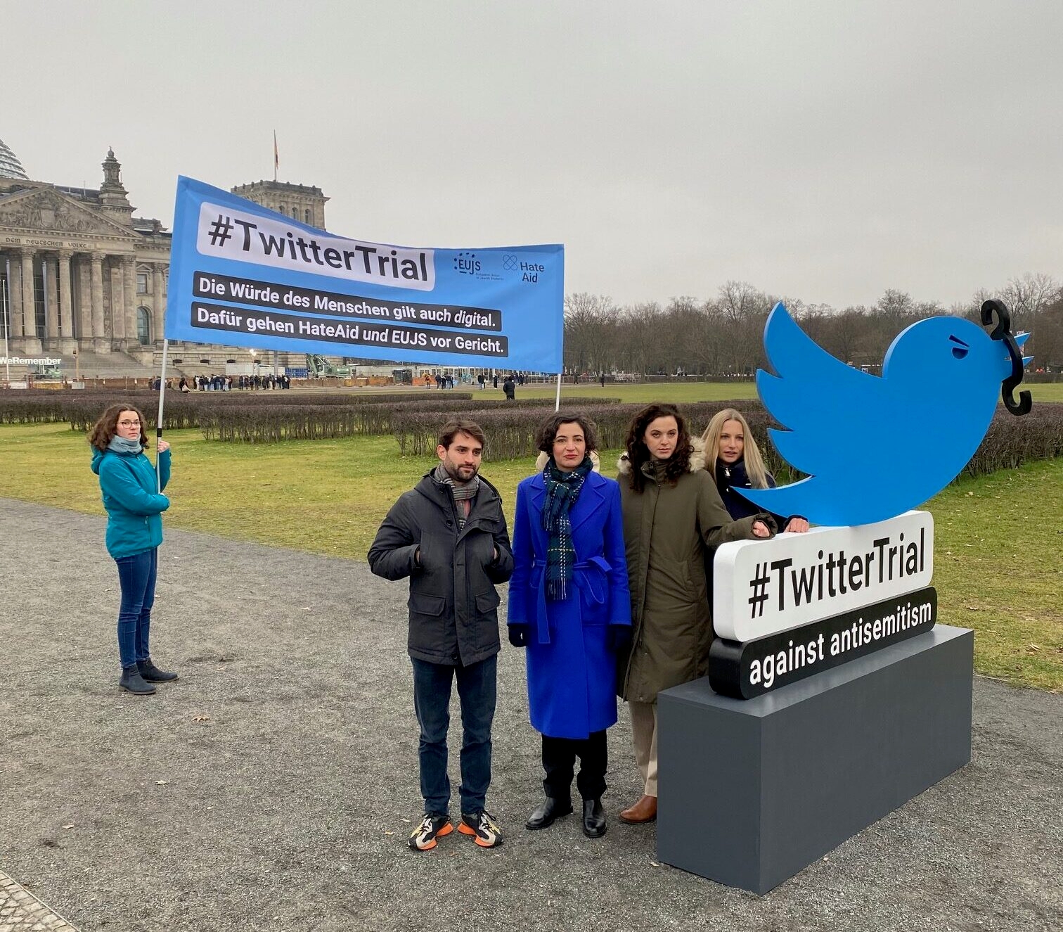 Members of the European Union of Jewish Students stand outside the Bundestag, Germany’s parliament, as they announce a lawsuit against Twitter over antisemitism on the platform. (Courtesy EUJS)