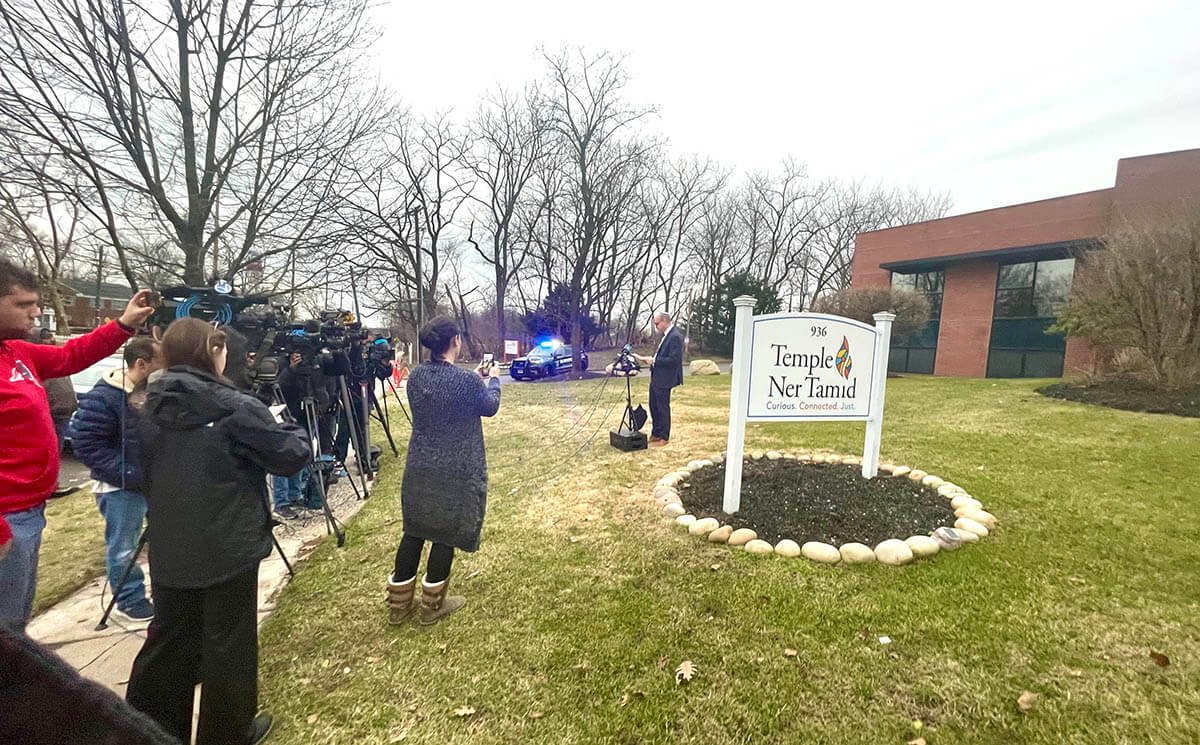 A press conference was held Jan. 29, 2023, outside Temple Ner Tamid In Bloomfield, N.J.